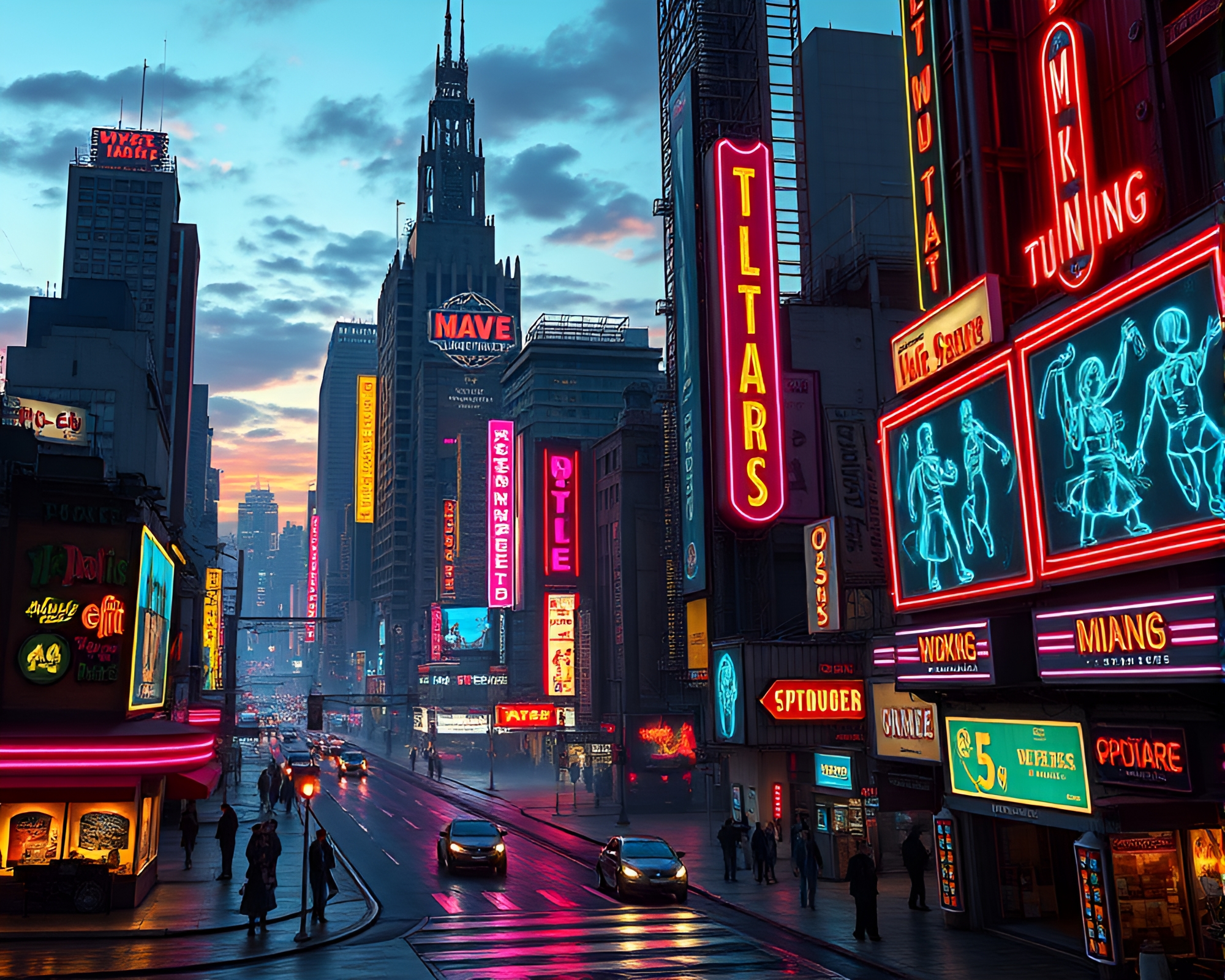 Neon-lit Collage Art of Retro-Futuristic Metropolis Twilight – free AI stock image