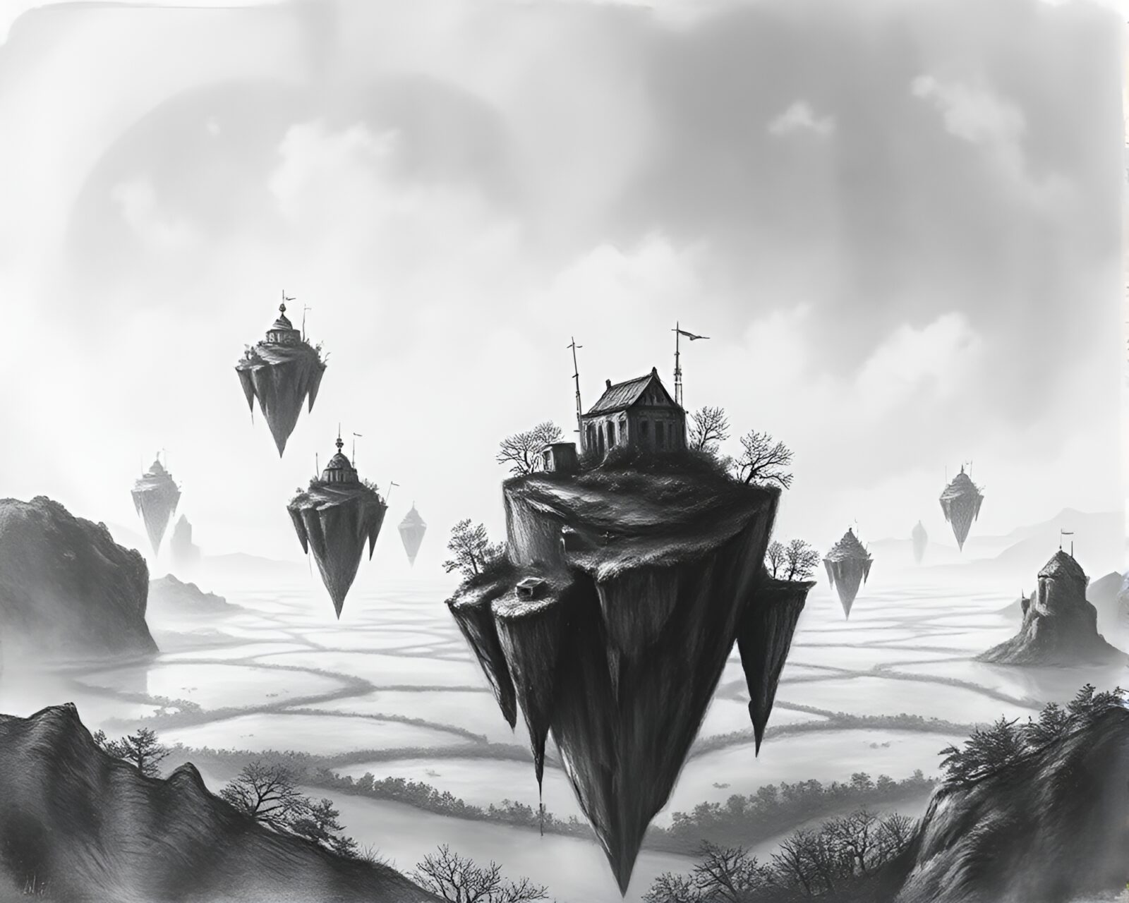 High-quality charcoal sketch of a floating island archipelago