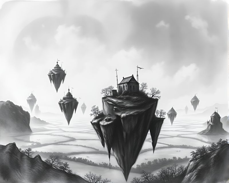 Ethereal Floating Island Archipelago in Detailed Charcoal Sketch – free AI stock image