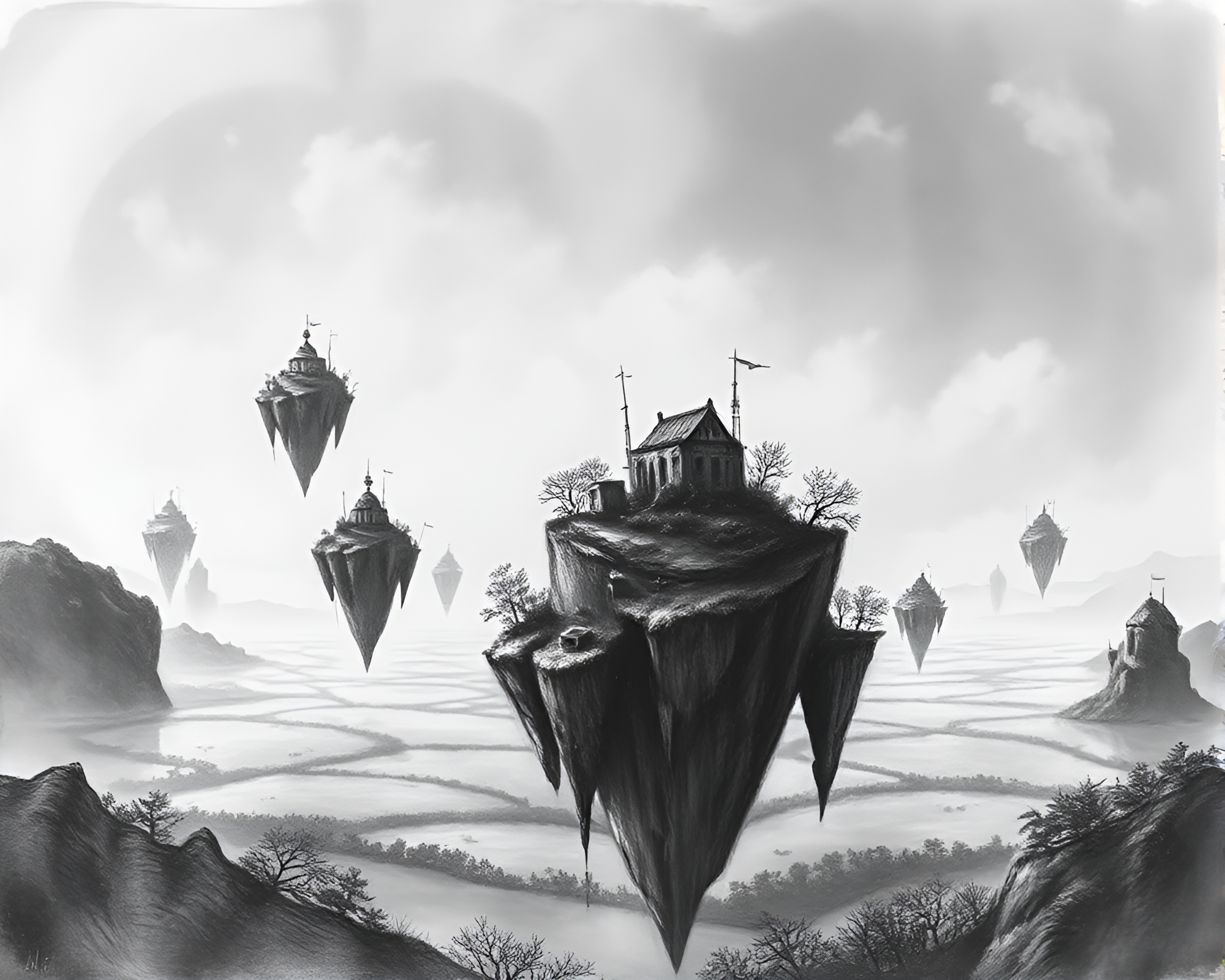 Ethereal Floating Island Archipelago in Detailed Charcoal Sketch – free AI stock image