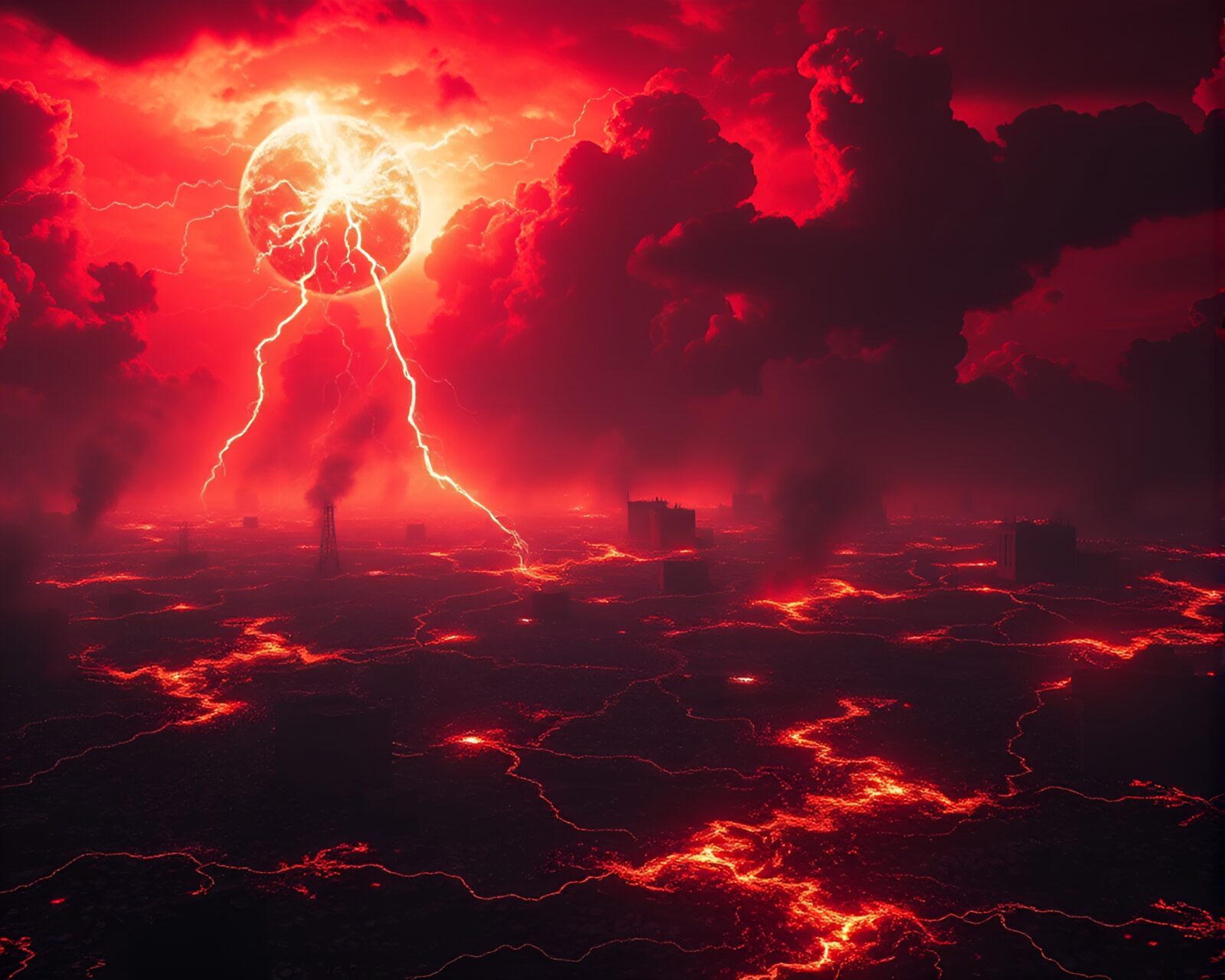 Spectral battlefield with dynamic energy clashes in red sky