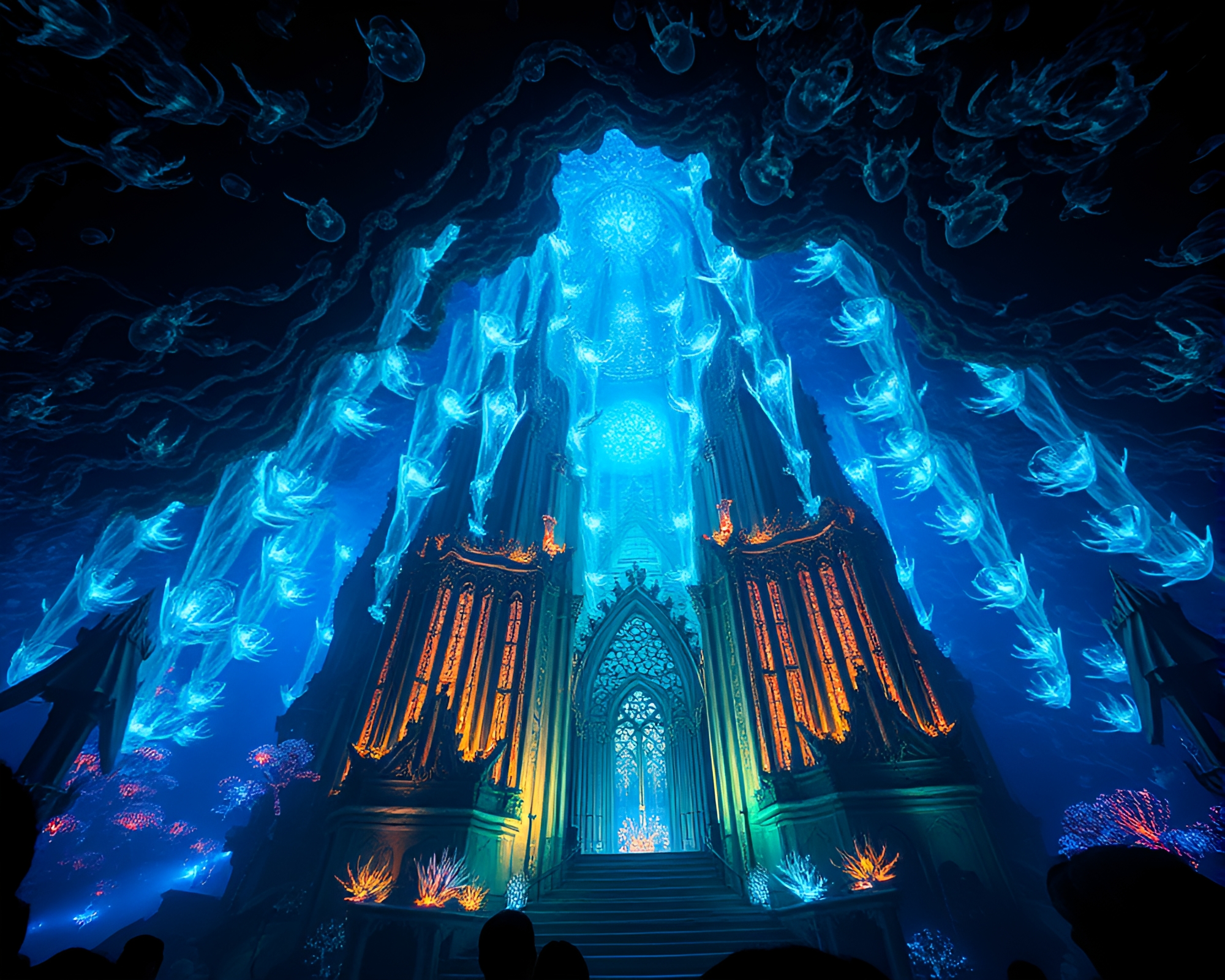 Mesmerizing Underwater Cathedral Glowing with Bioluminescent Creatures – free AI stock image