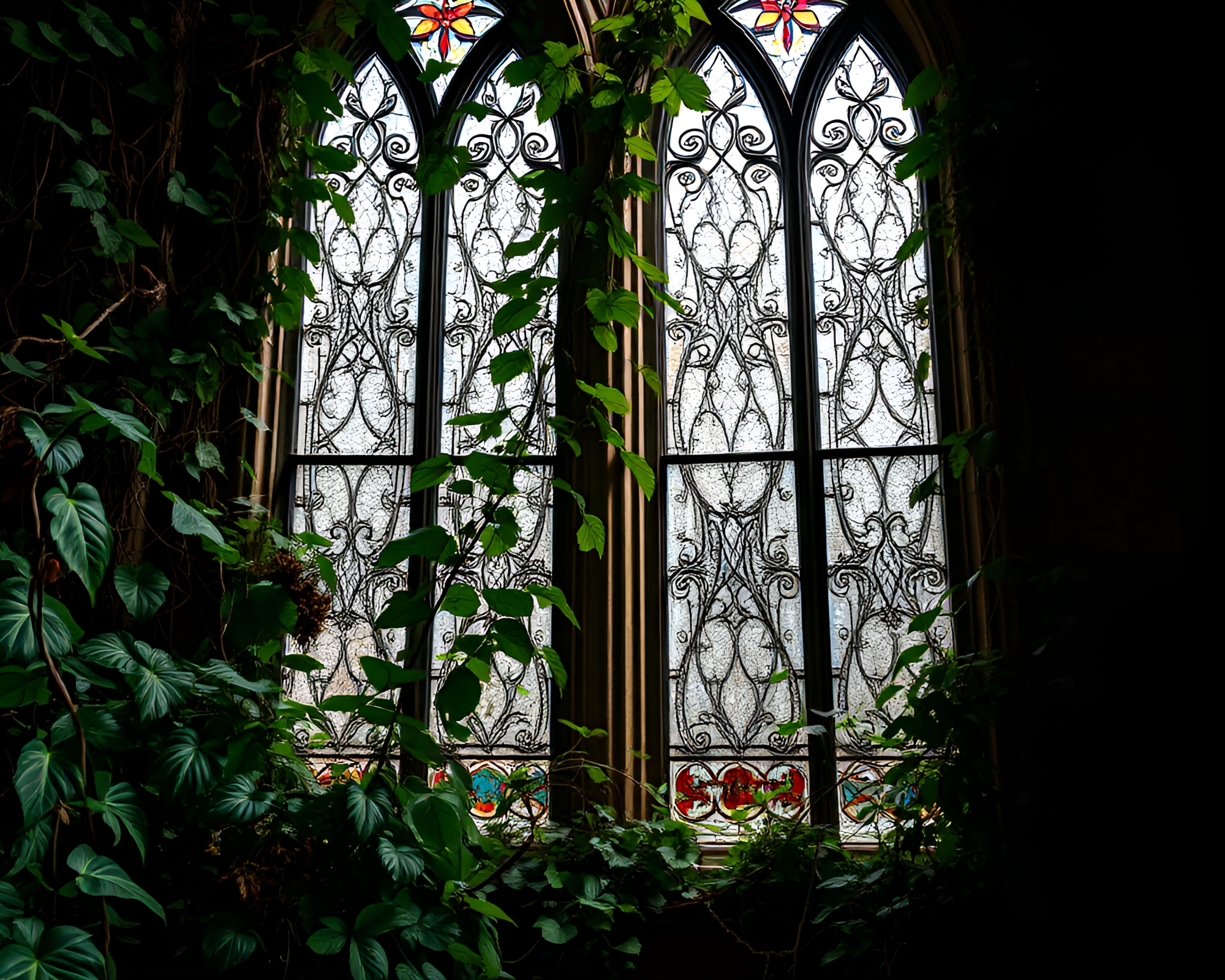 Botanical Overgrowth Meets Intricate Stained Glass Windows – free AI stock image