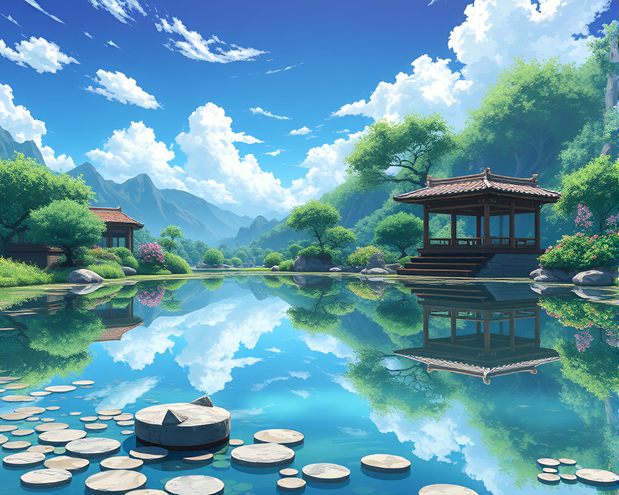 Anime-inspired Landscape Surrounding Tranquil Mirror-like Pool – free AI stock image