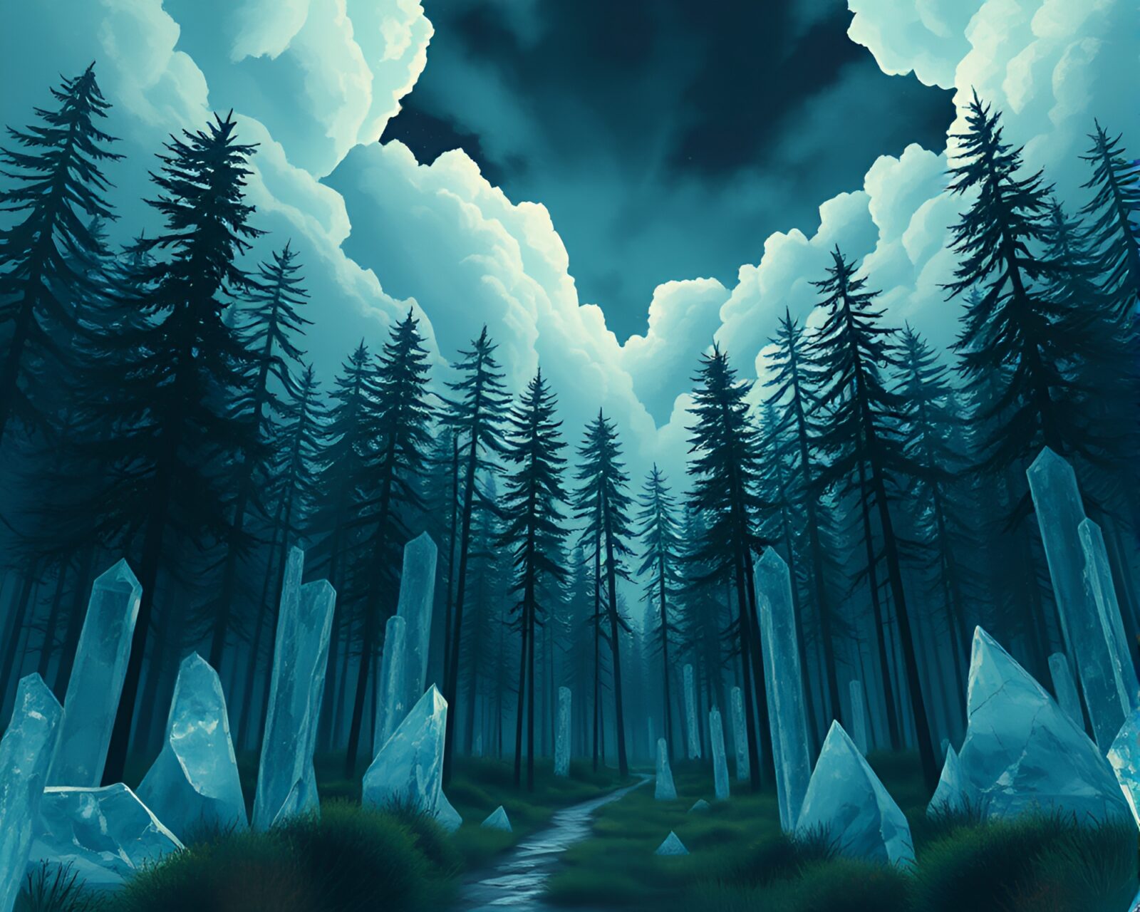 Ethereal forest of silicon crystal trees under brooding sky in gouache