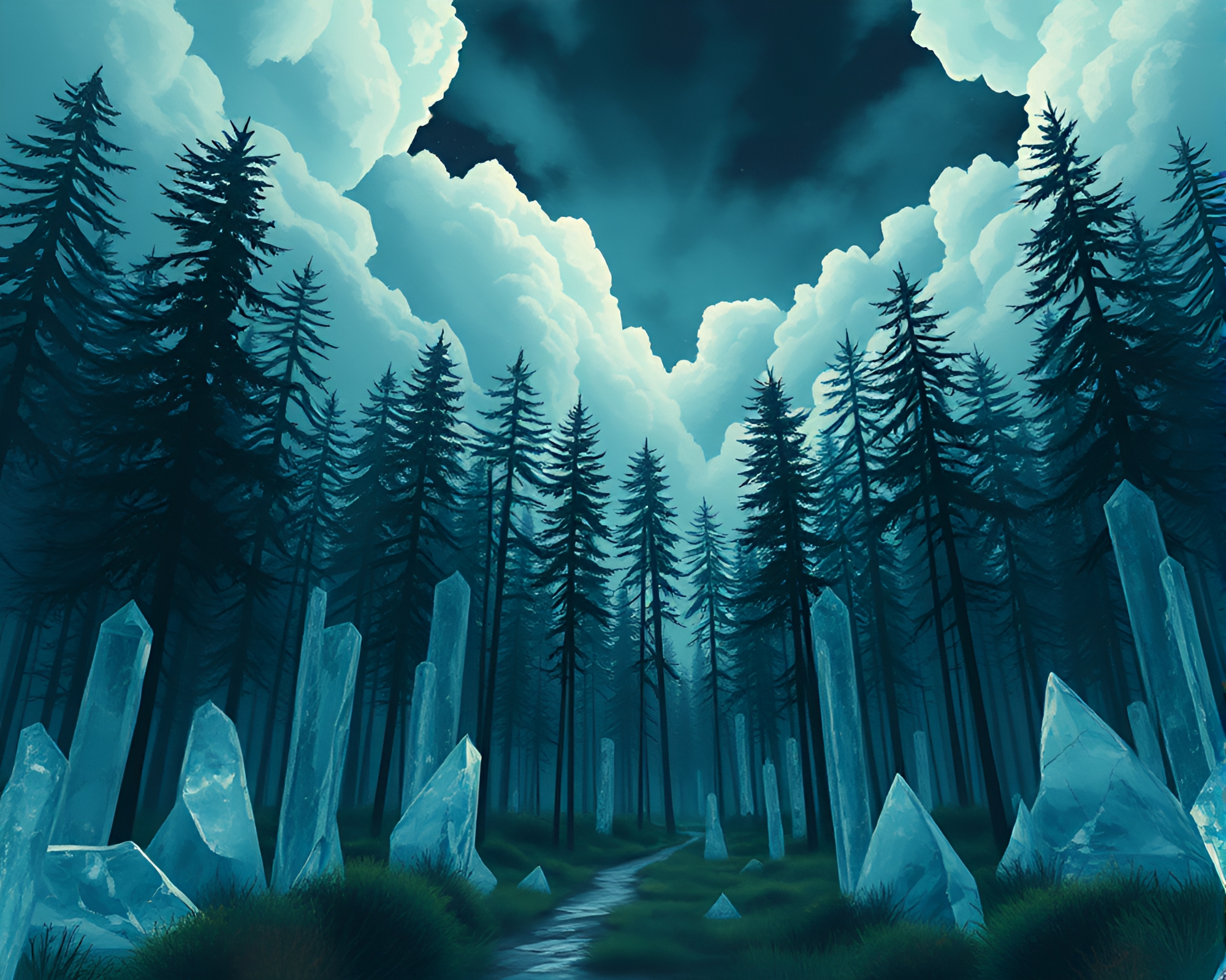 Surreal Silicon Crystal Forest Towering Trees Gouache Illustration – free AI stock image