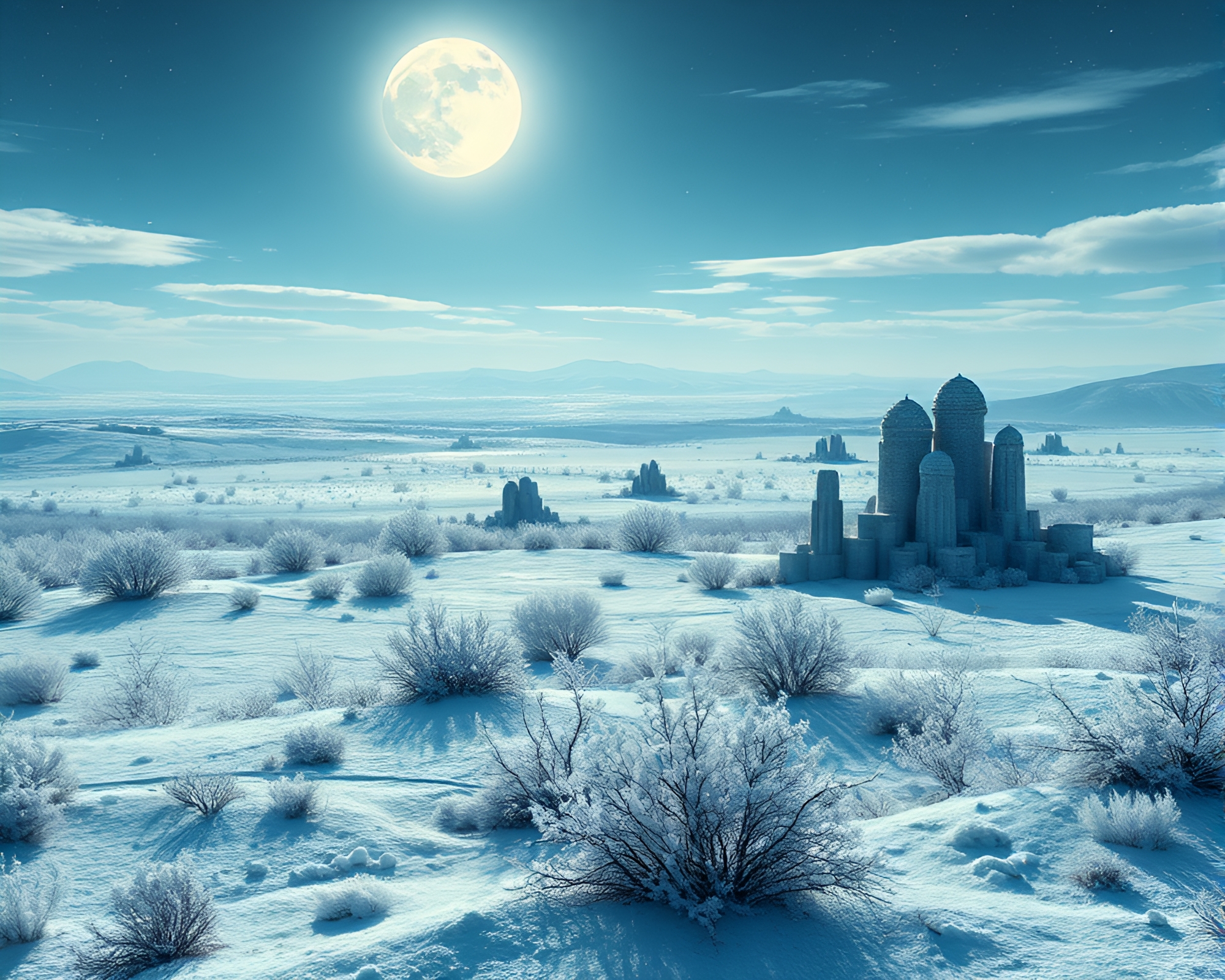 Moonlit Frost Plains with Pixel Art Sculptures – free AI stock image