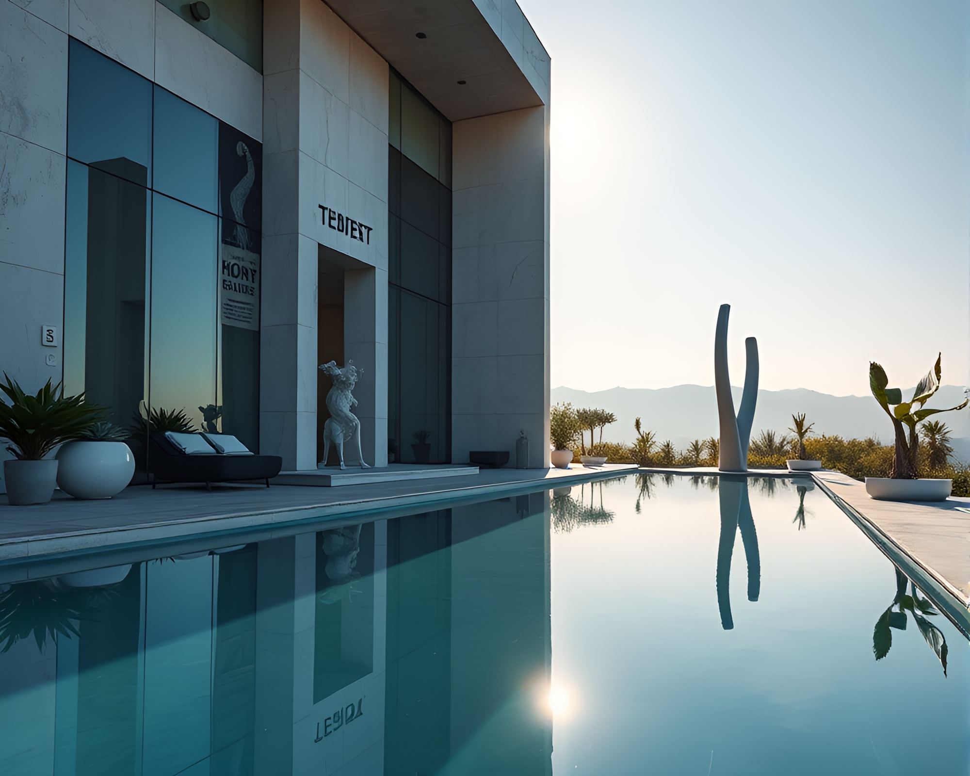 Serene Oasis Amid Modern Art Reflections – free AI stock image