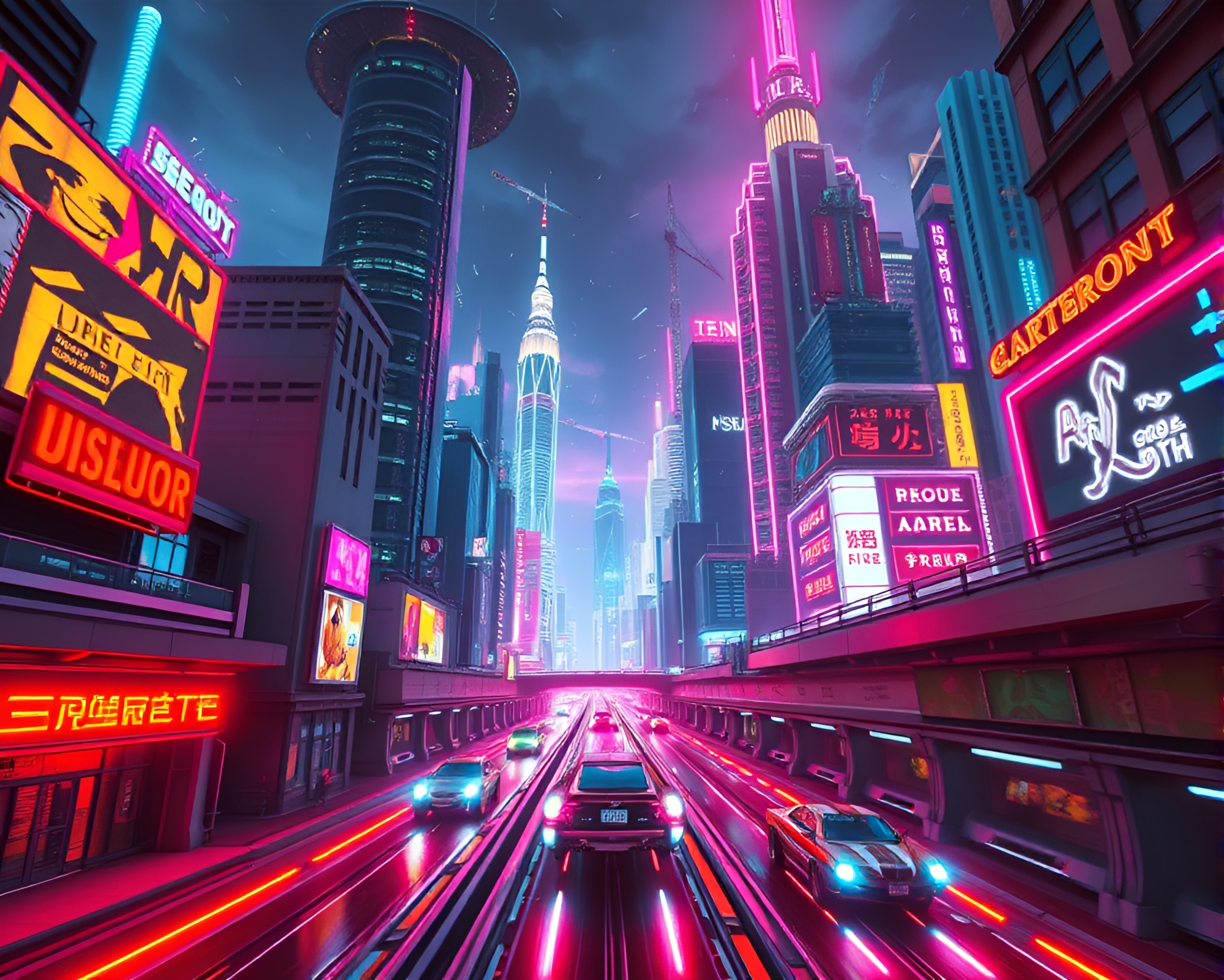 Neon-lit Retro-Futuristic Metropolis with Hovercars – free AI stock image