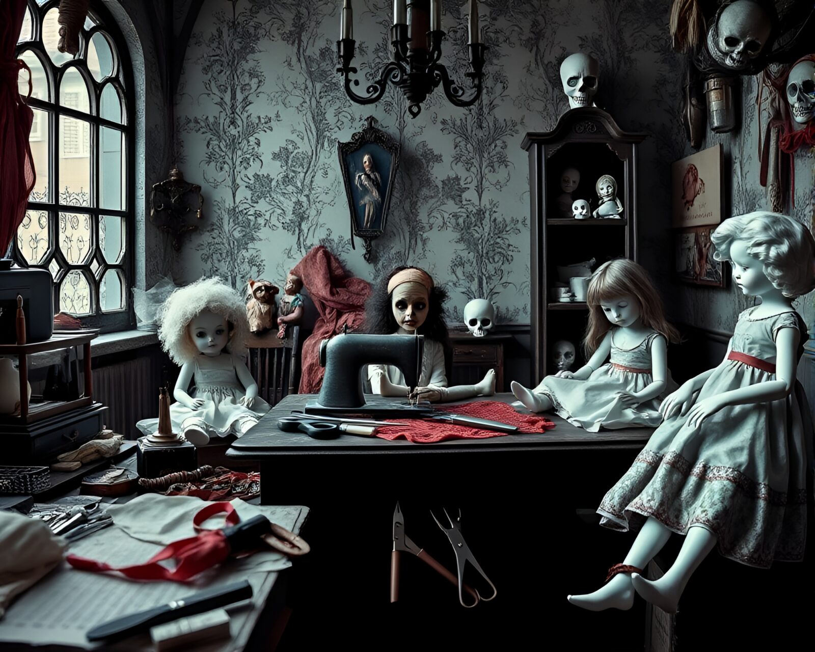 Creepy, haunting dolls with cracked faces in workshop scene