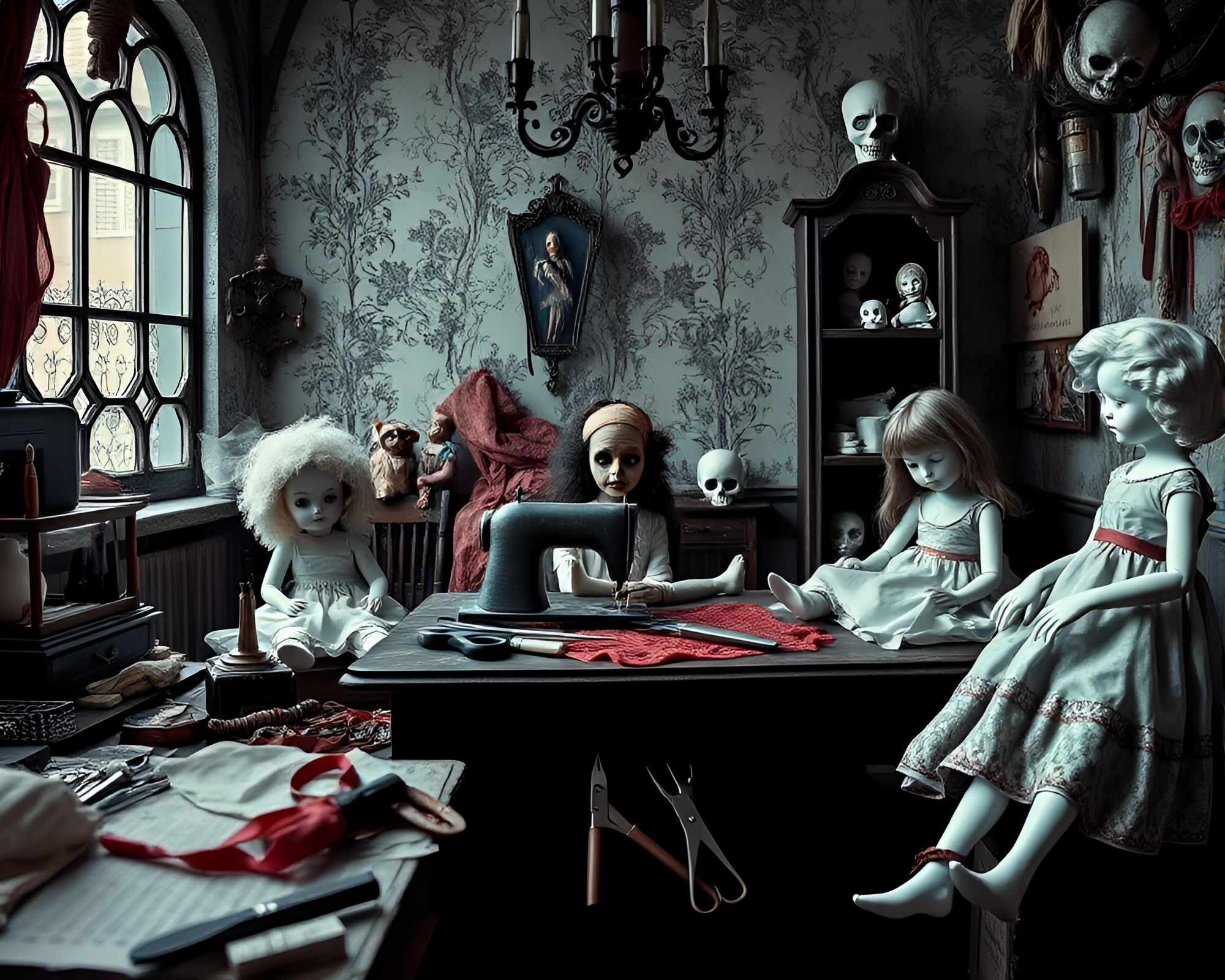 Eerie Porcelain Doll Workshop with Cracked Faces – free AI stock image