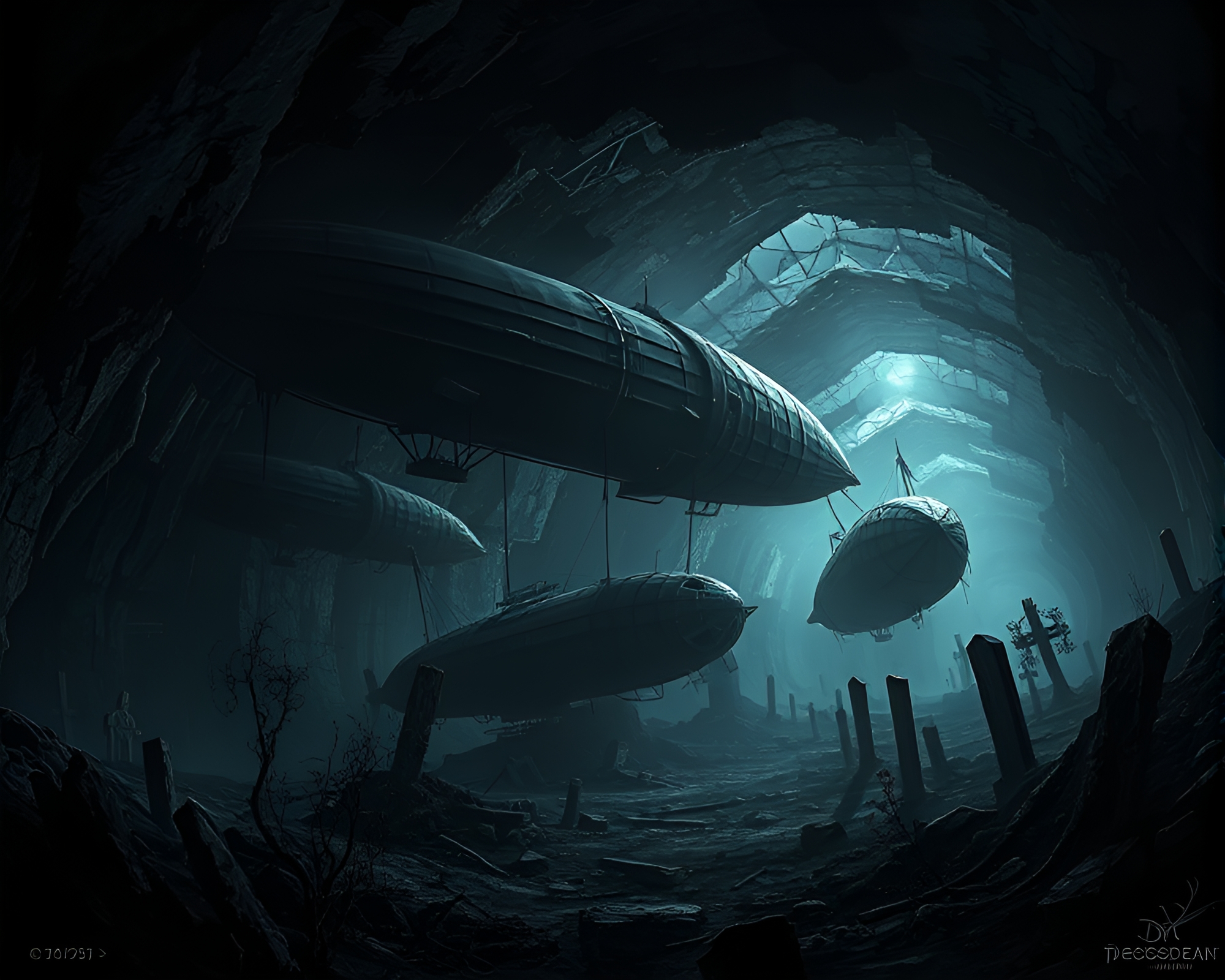 Eerie Subterranean Zeppelin Graveyard Concept Art – free AI stock image