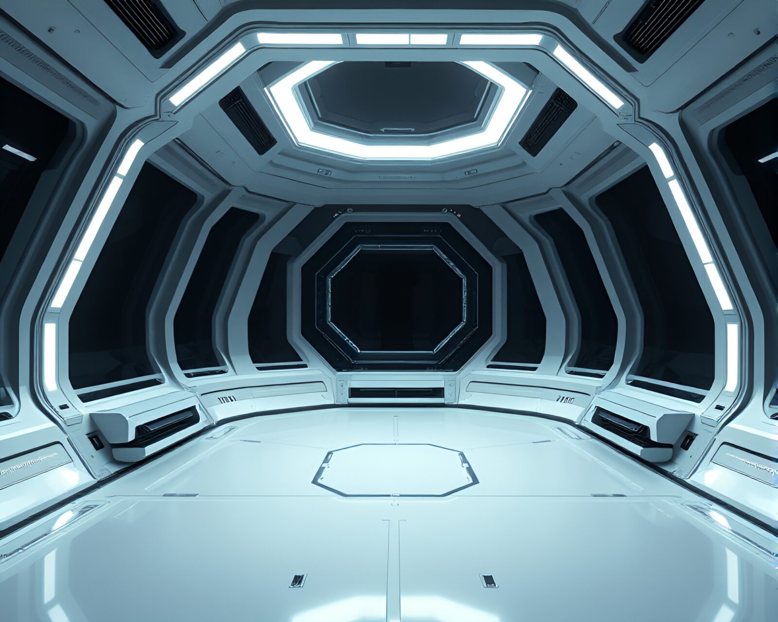 Sleek sci-fi zero-gravity chamber with digital matte painting