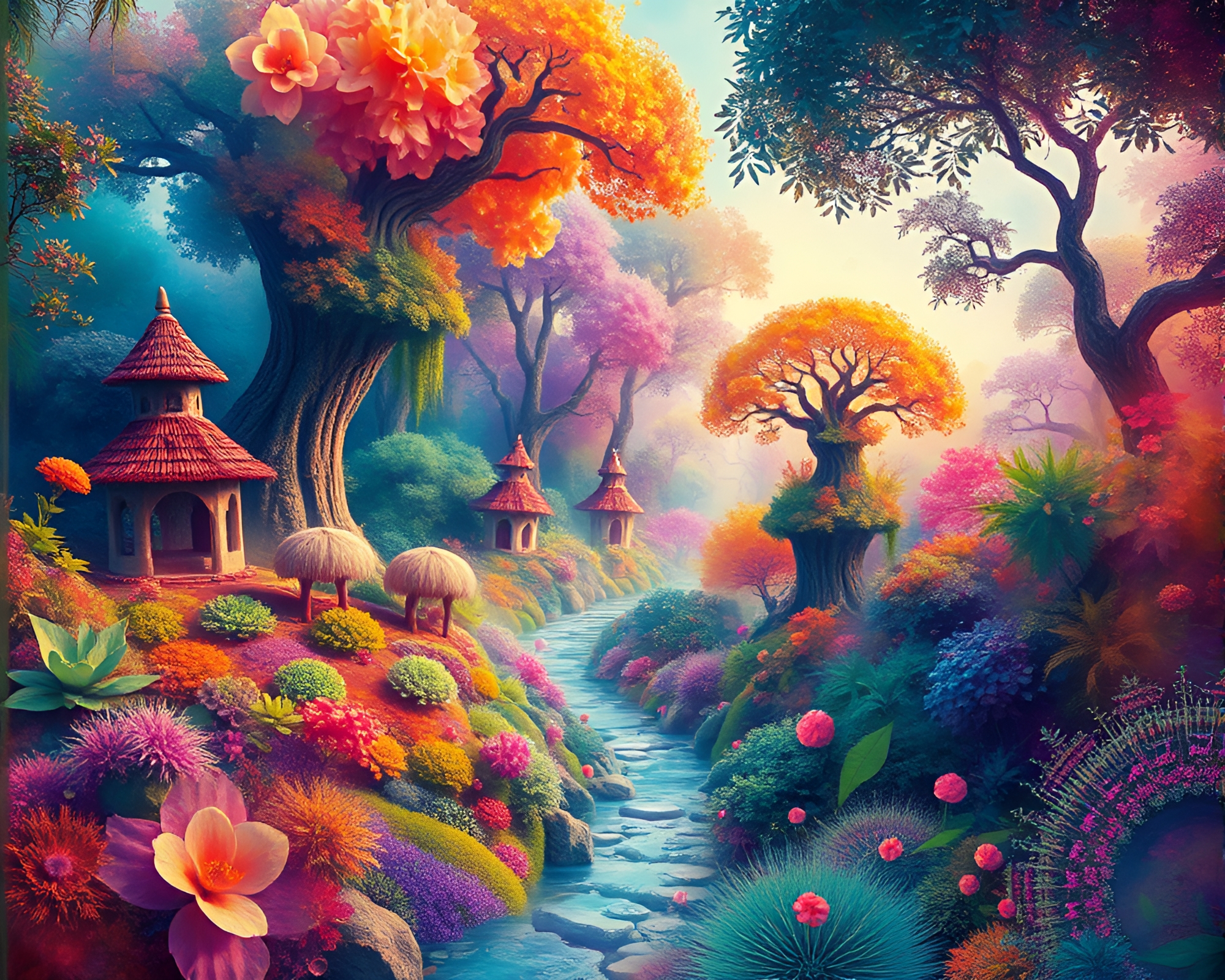 Colorful Fractal Jungle Dream Artwork with Watercolor Effect – free AI stock image