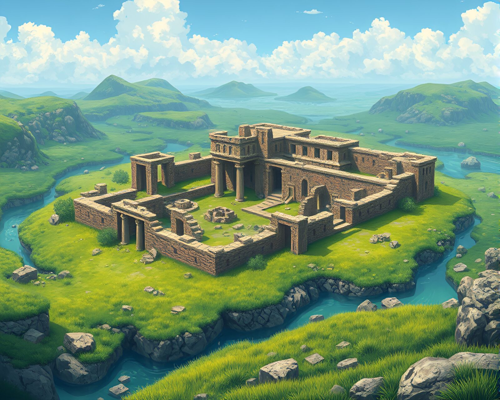 Detailed vector illustration of sunken city ruins in lush pastures