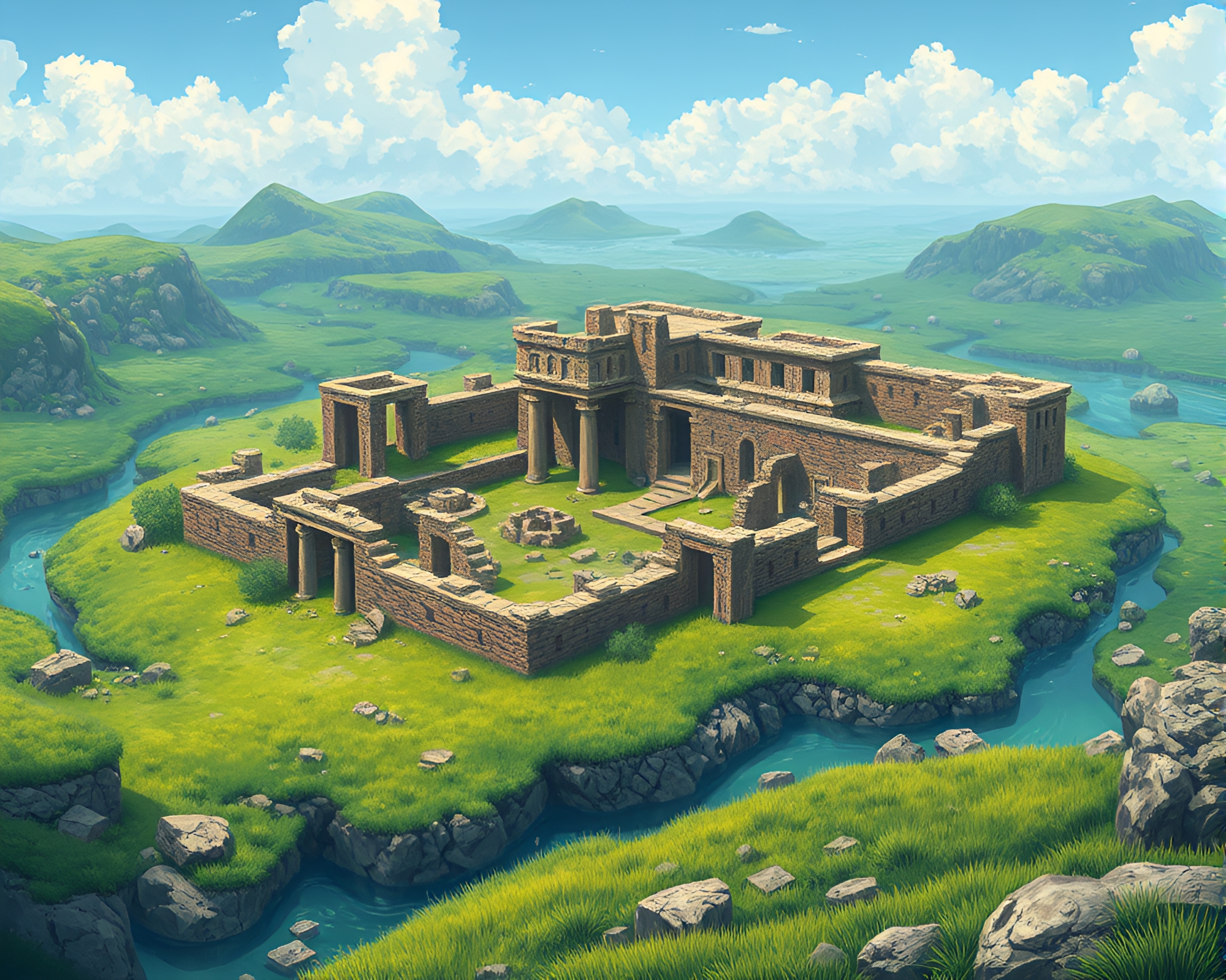 Ancient Ruins in Sunken Cityscape surrounded by Green Pastures – free AI stock image
