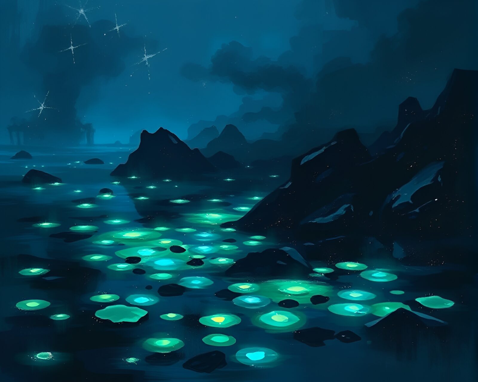 Glowing tide pool at night with mysterious lighting