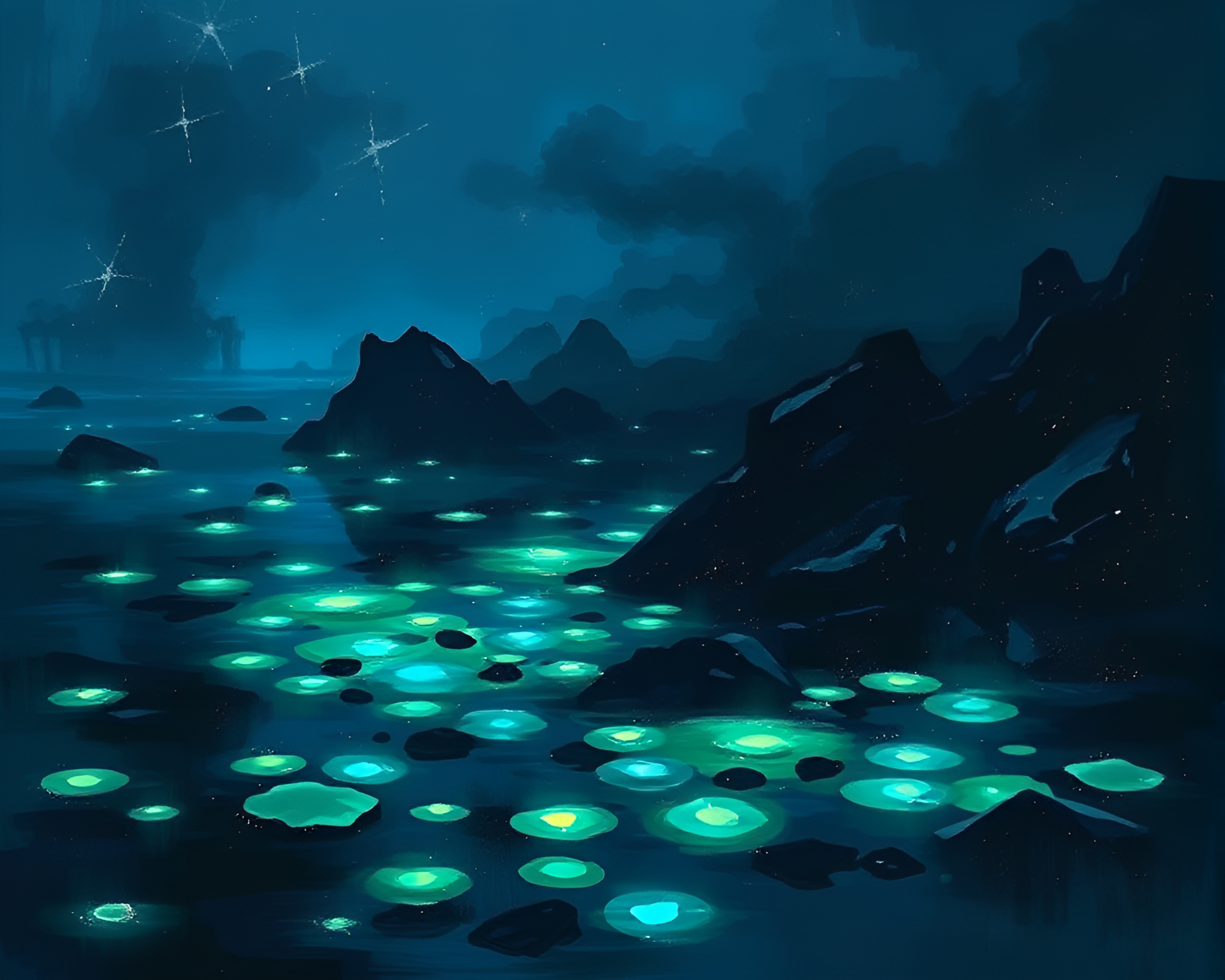 Ethereal Bioluminescent Tide Pool: A Dark Encounter – free AI stock image