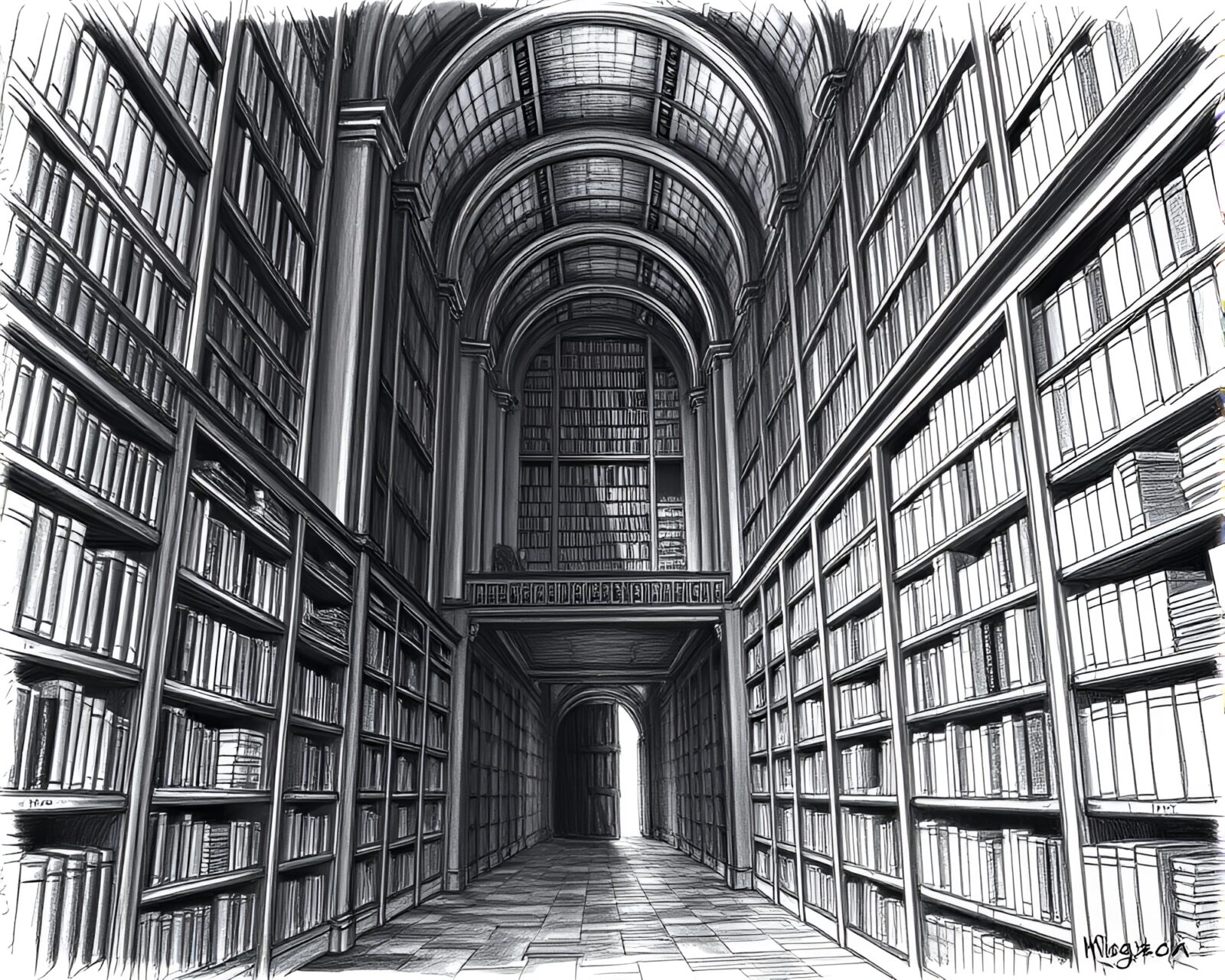 Charcoal sketch of a claustrophobic library with dark corners