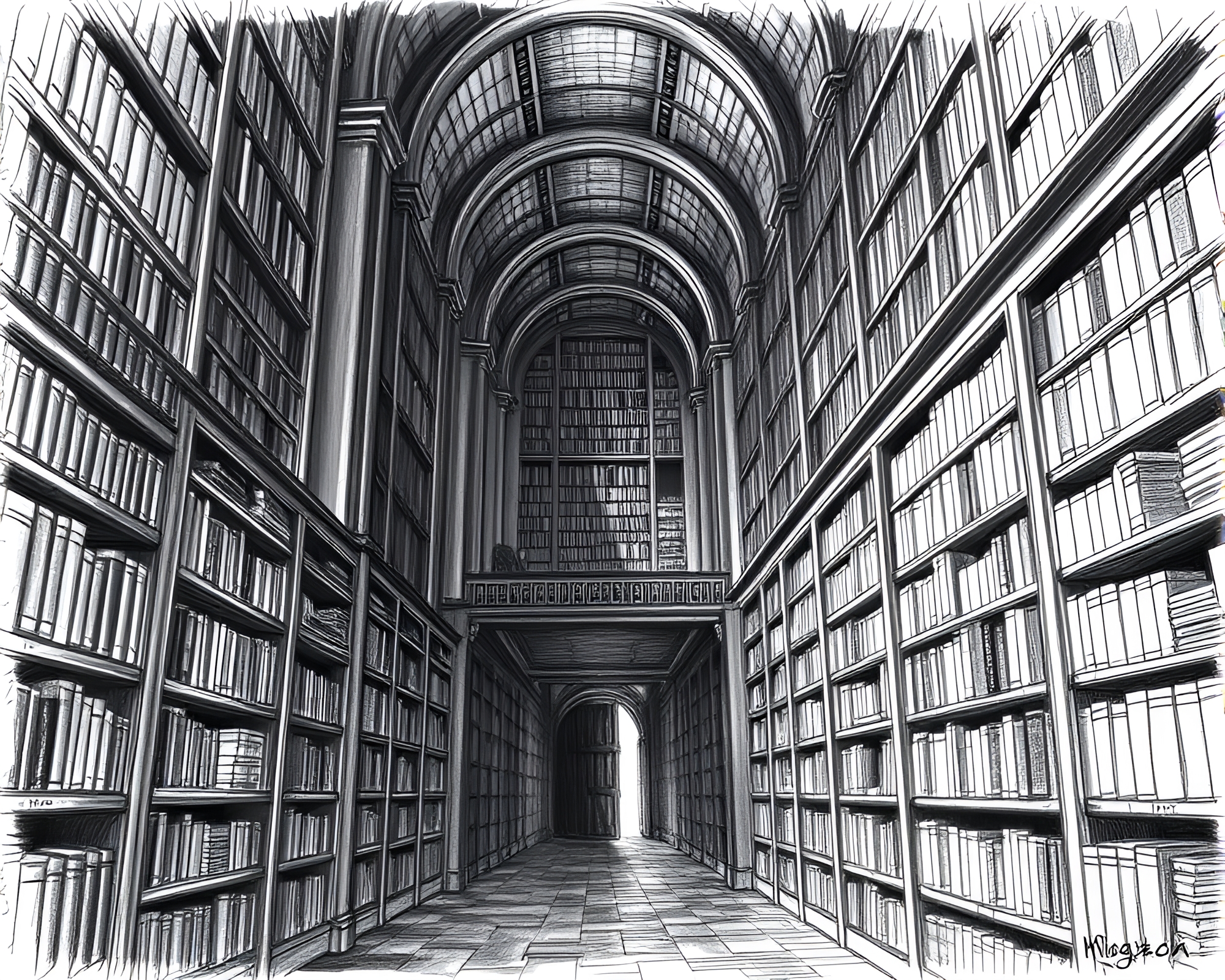 Mysterious labyrinthine library filled with towering bookshelves – free AI stock image