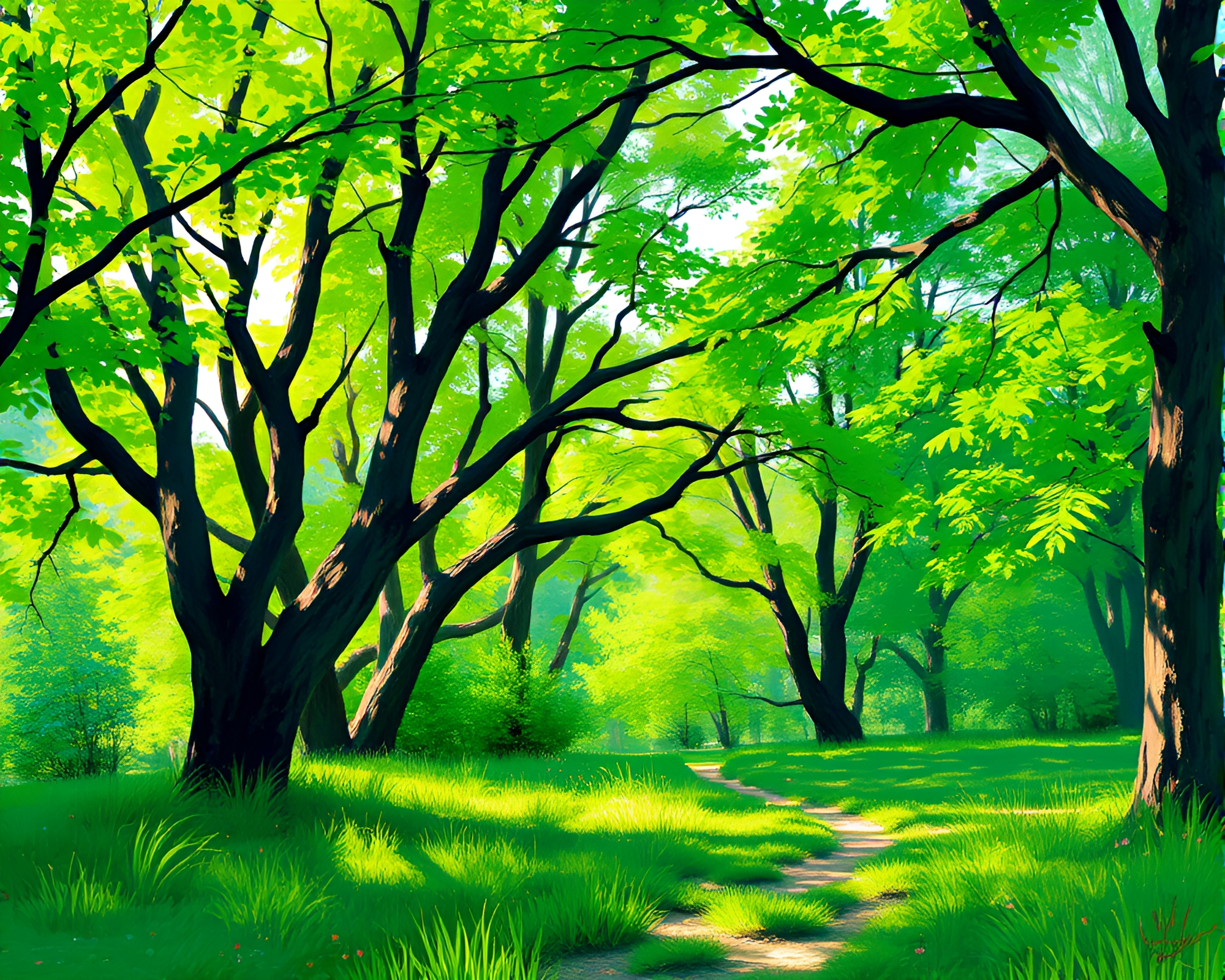 Dynamic Impressionist Depiction of Serene Emerald Canopy Glade – free AI stock image