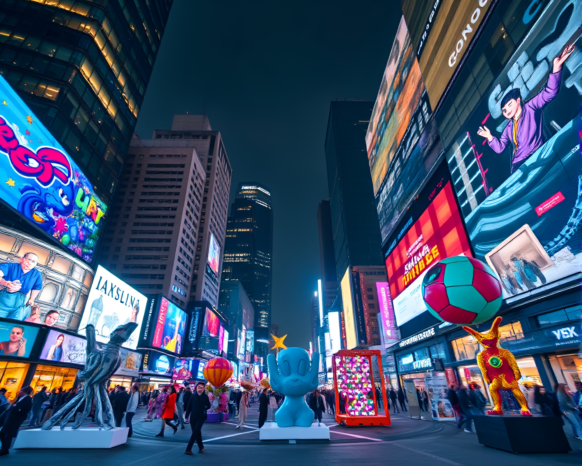 Dynamic Urban Cityscape with Modern Art Installations – free AI stock image