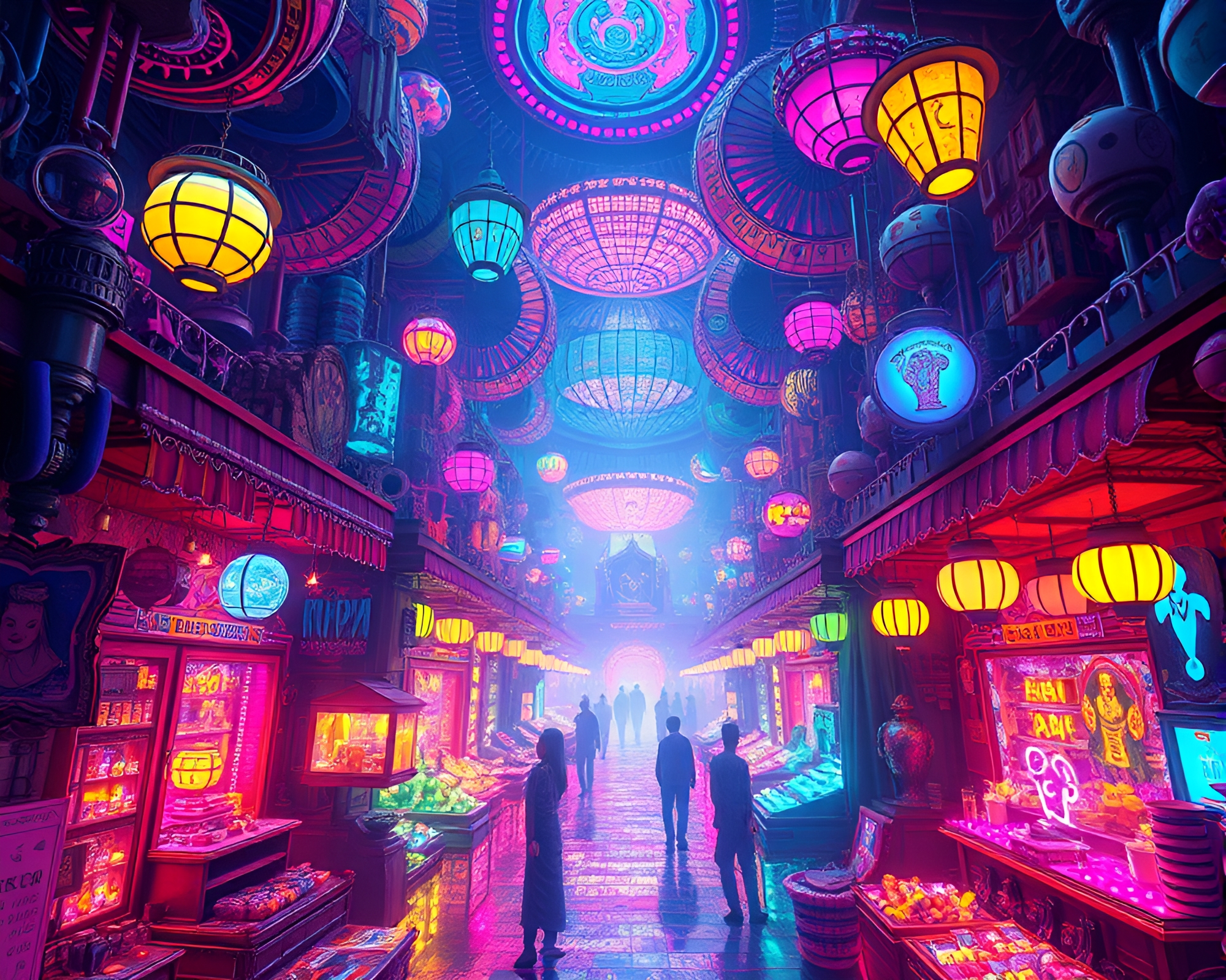 Mesmerizing Holographic Bazaar: Vibrant Colors, Intricate Details – free AI stock image