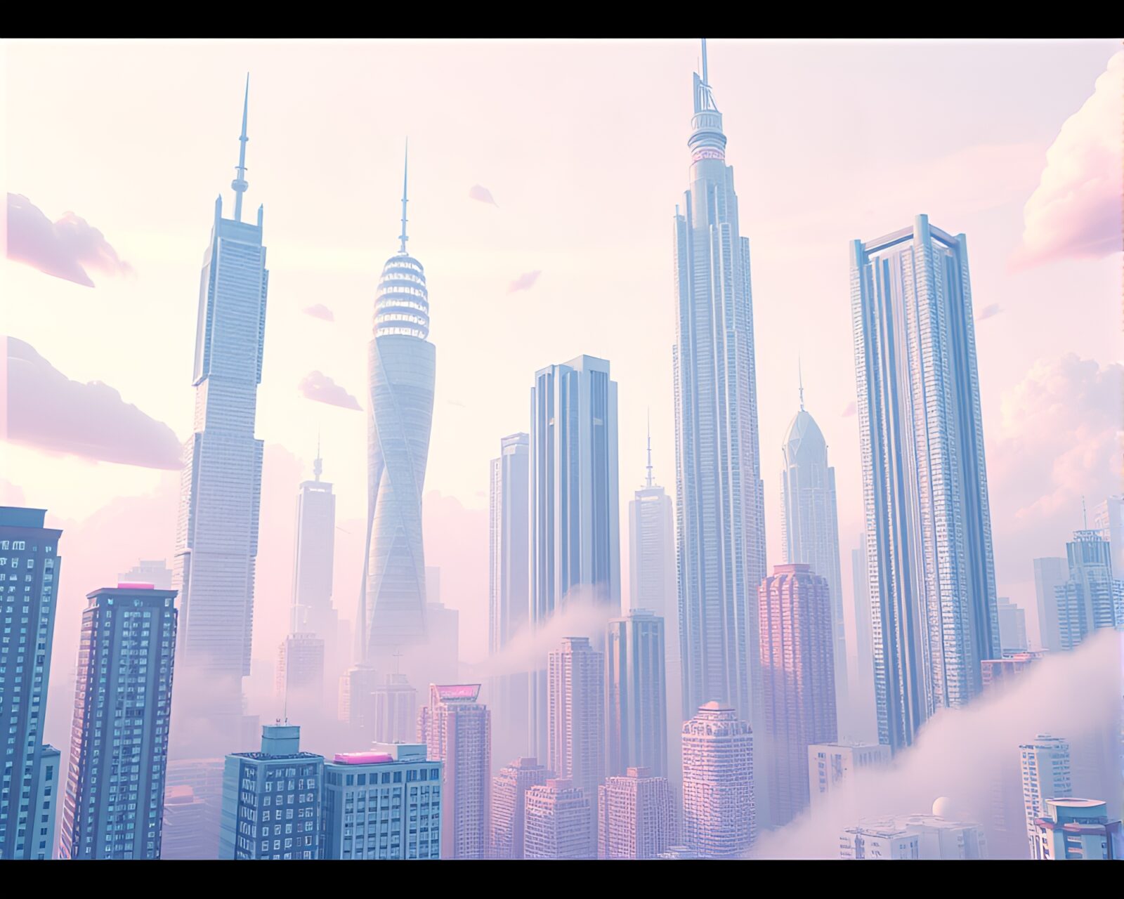Dreamlike cityscape with floating buildings in pastel sky