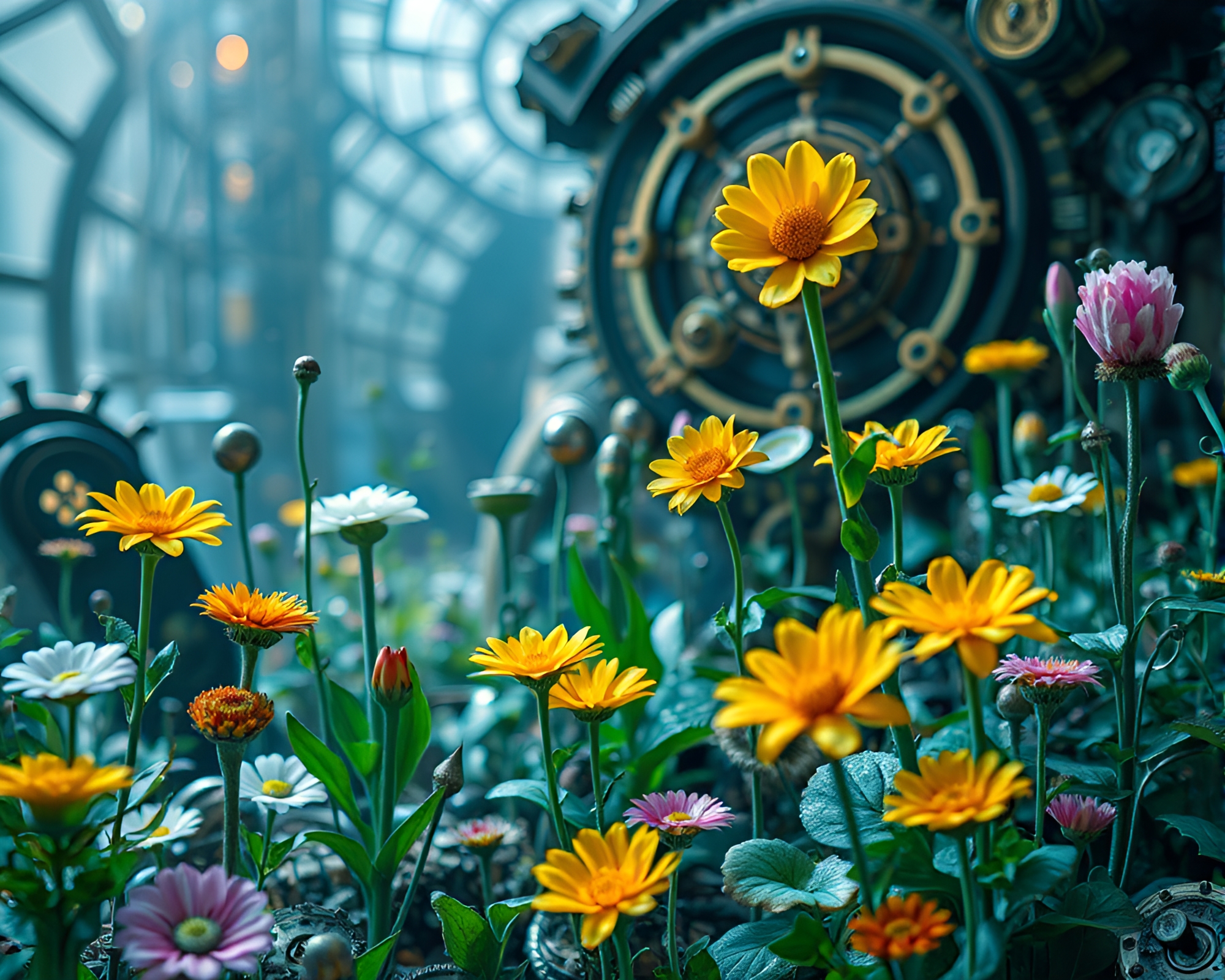 Innovative clockwork garden blending nature and technology – free AI stock image