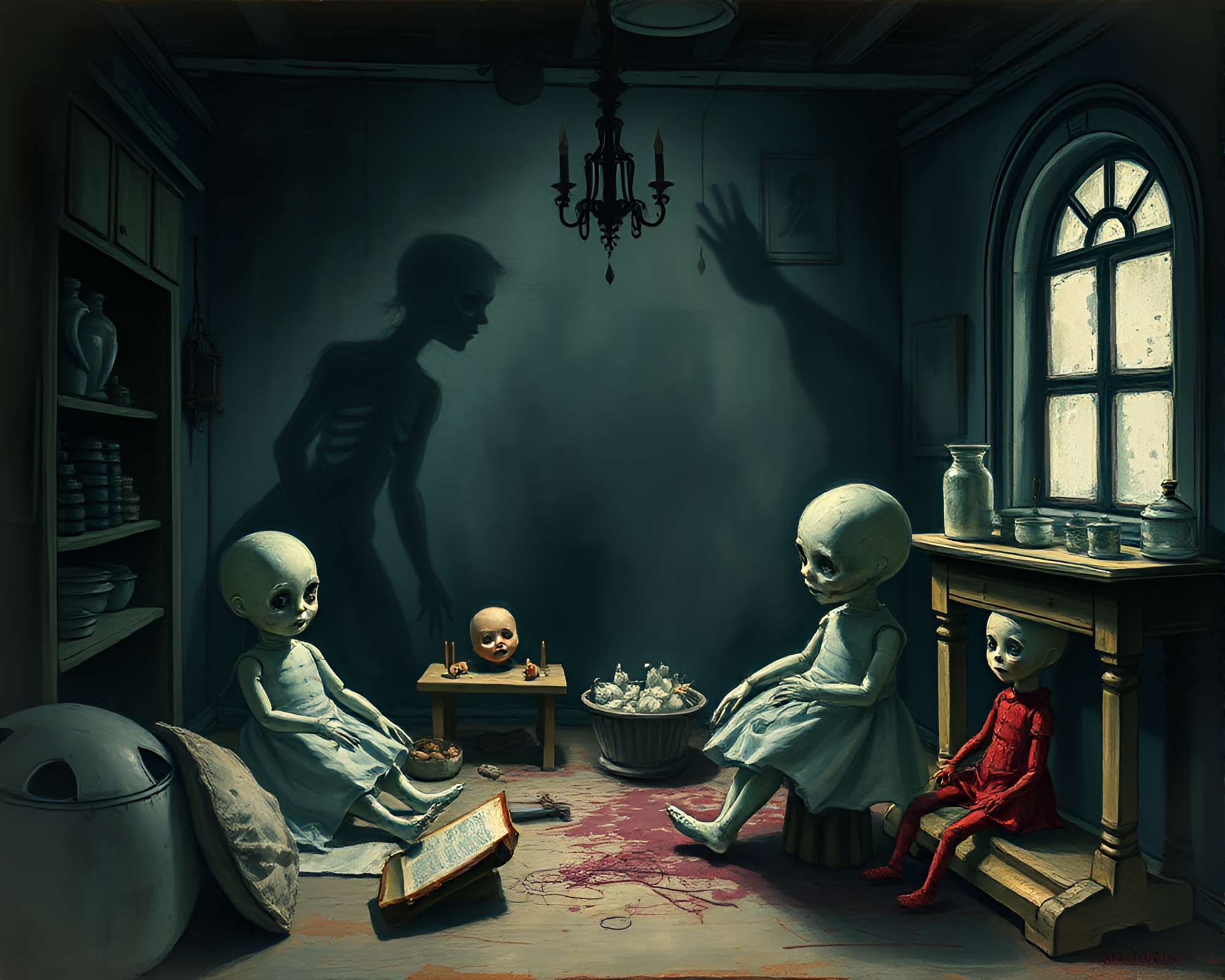 Eerie Macabre Doll Workshop in Detailed Gouache Illustration – free AI stock image