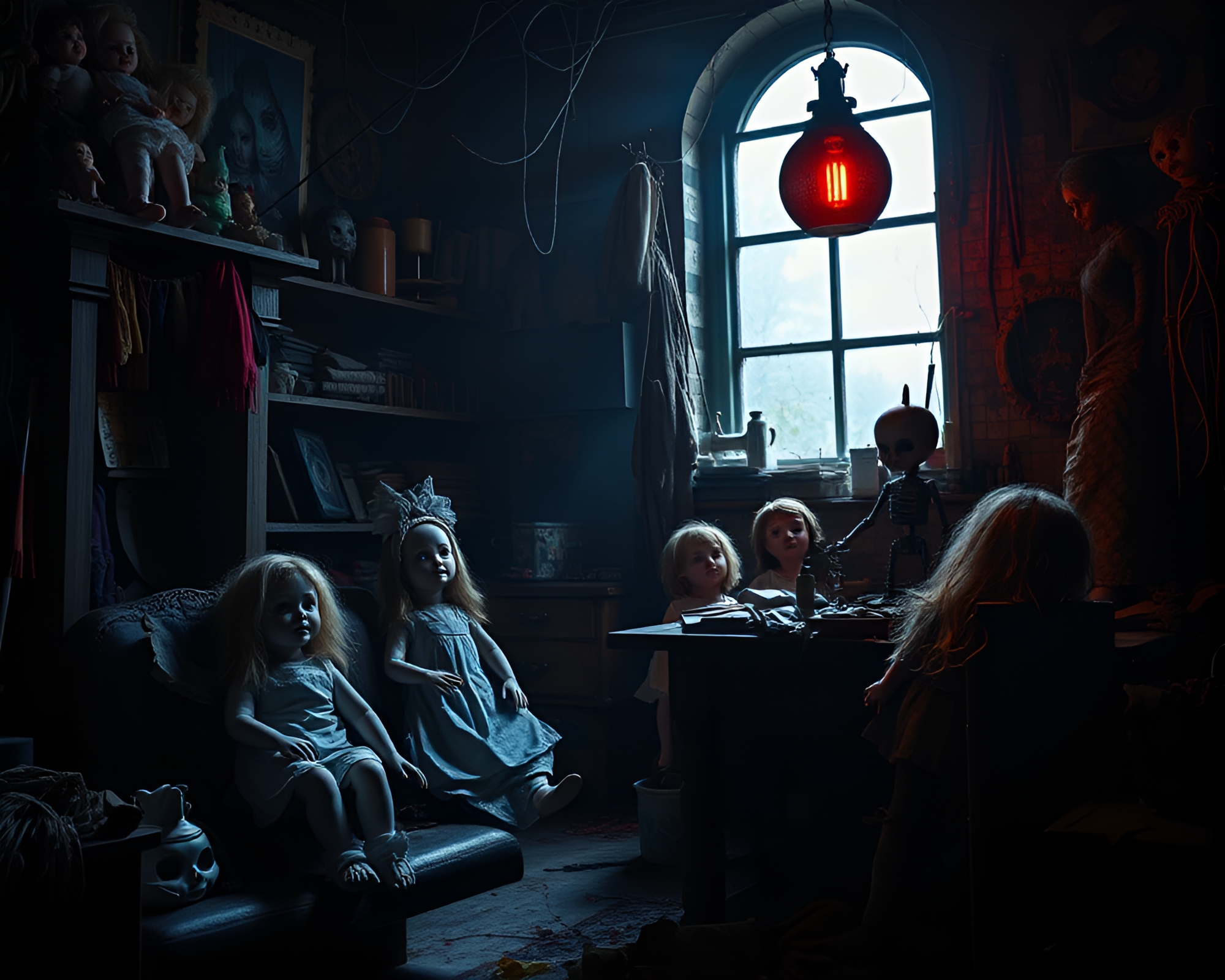 Sinister Doll Workshop: Creepy and Surreal Scene Concept – free AI stock image