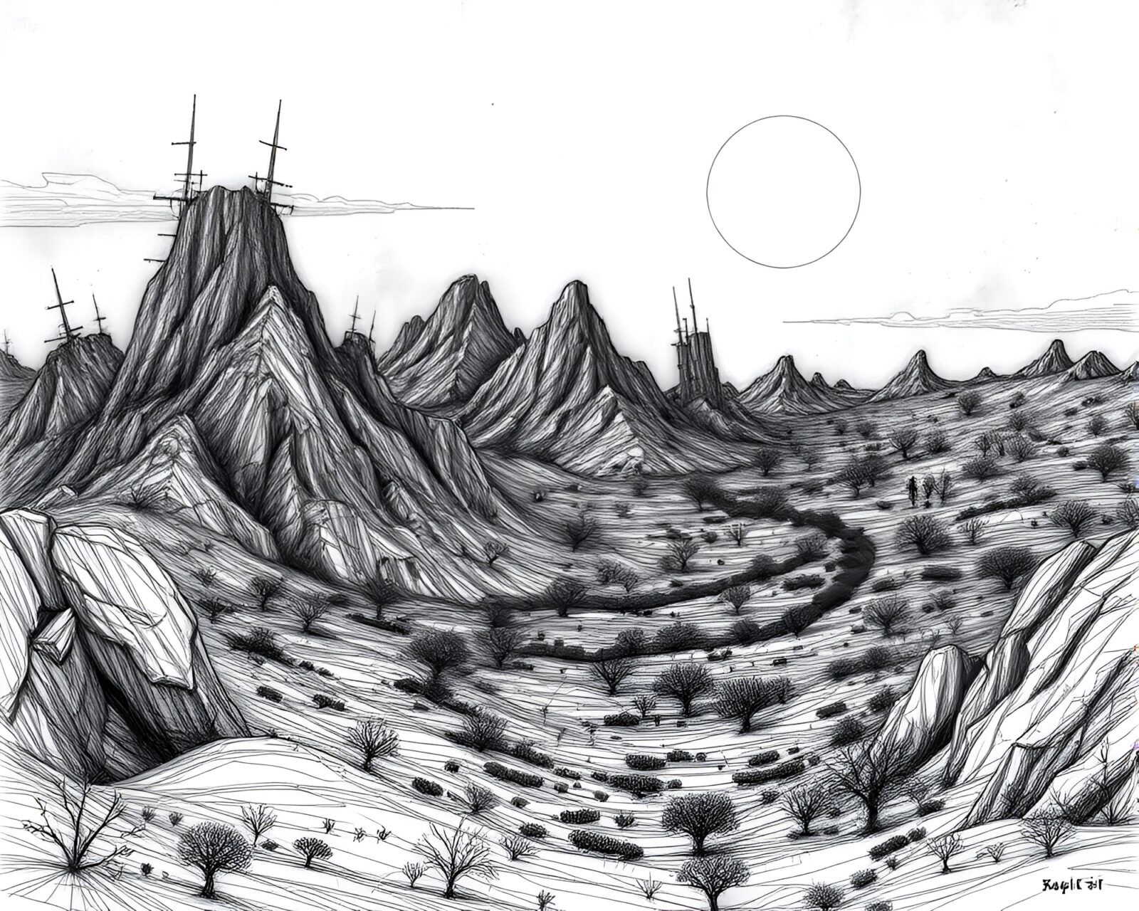 Detailed line art of bleak, shadowy dystopian landscape