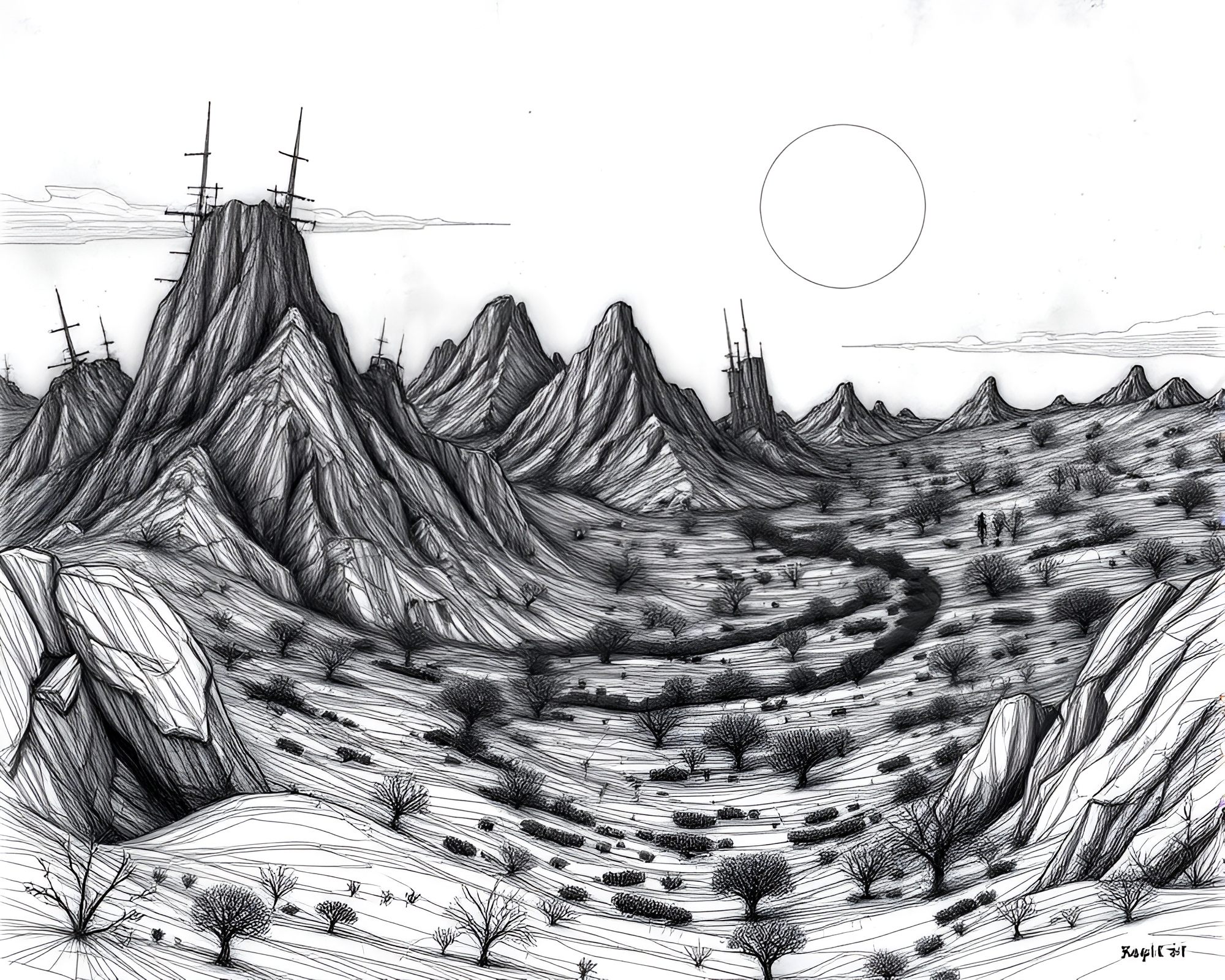 Haunting Dystopian World: Intricate Line Drawings – free AI stock image