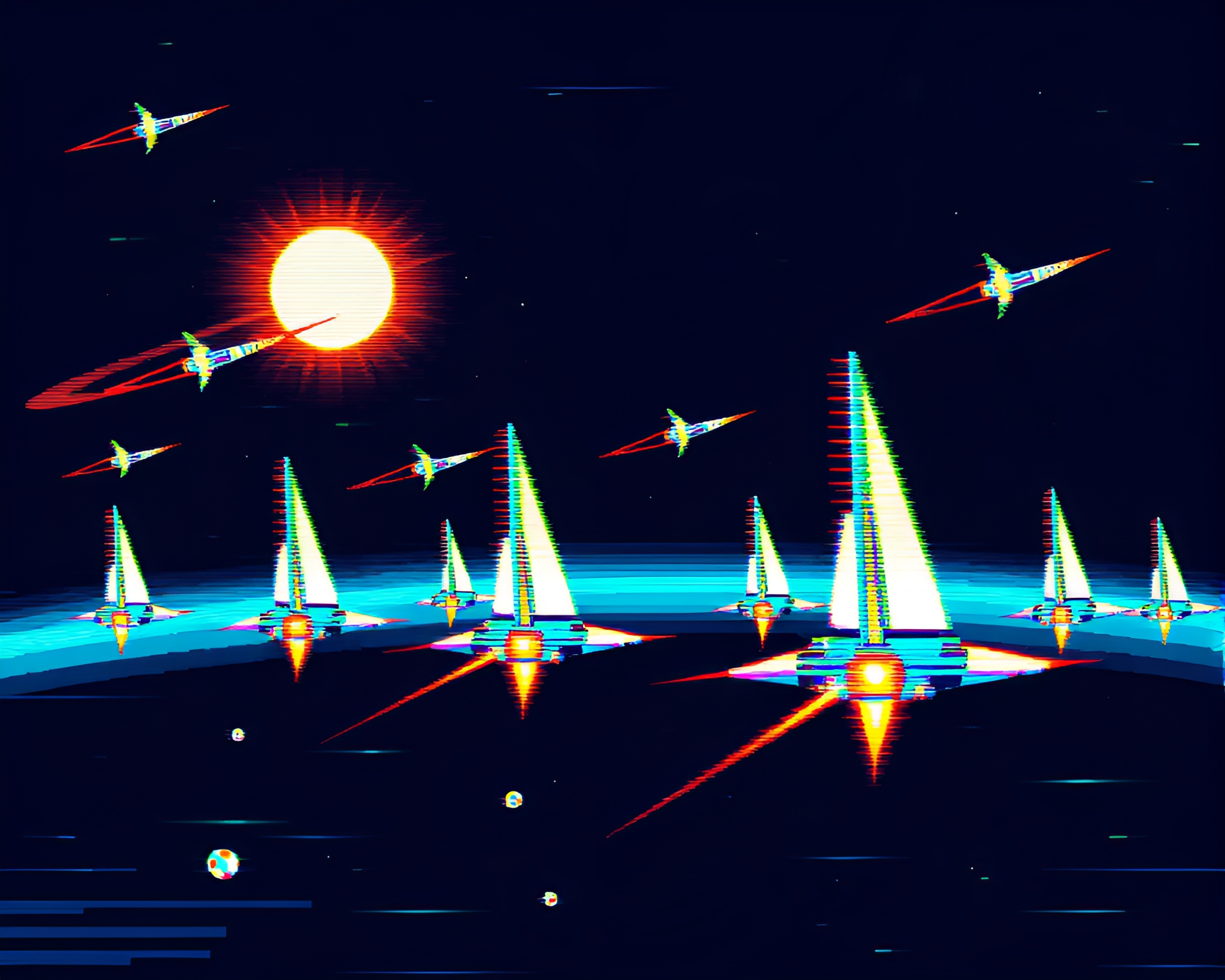 Fleet of Solar Sail Spacecrafts in Glitch Art Style – free AI stock image