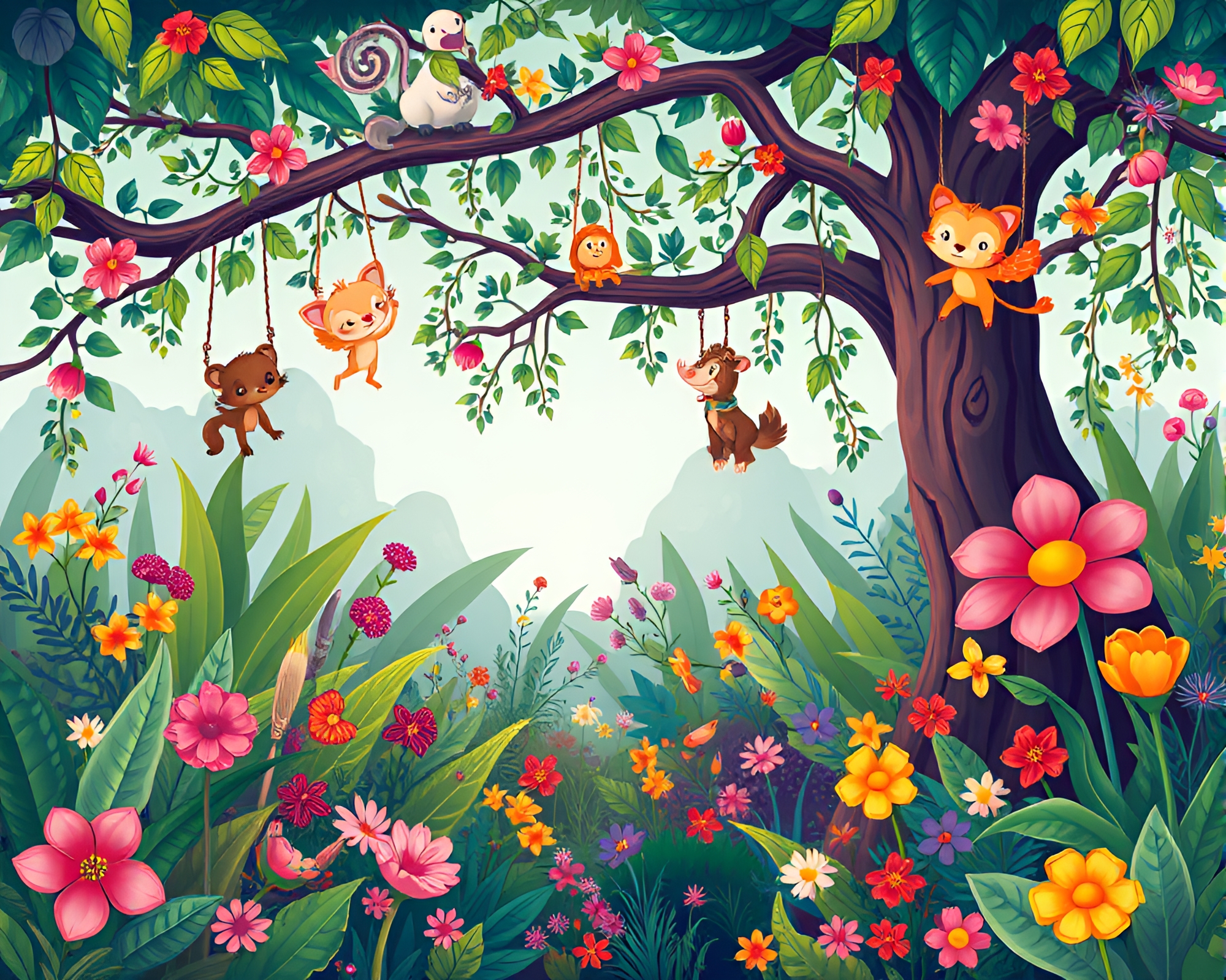 Colorful Cartoon Jungle Scene with Vibrant Flora and Fauna – free AI stock image