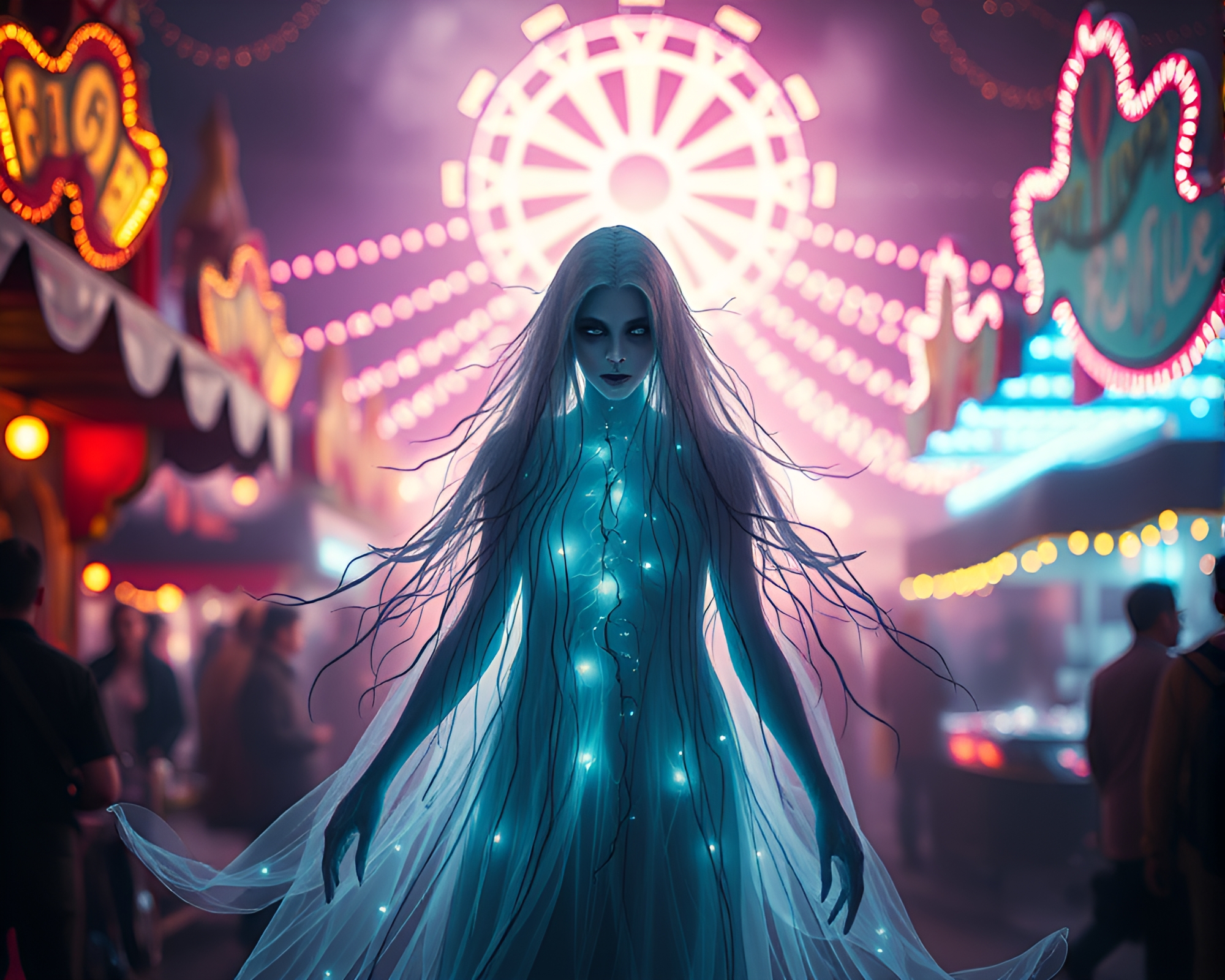 Ghostly Figure at Fantastical Carnival Glowing with Ethereal Energy – free AI stock image