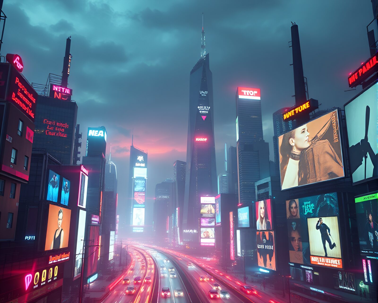 Vibrant cyberpunk city skyline with glowing neon billboards