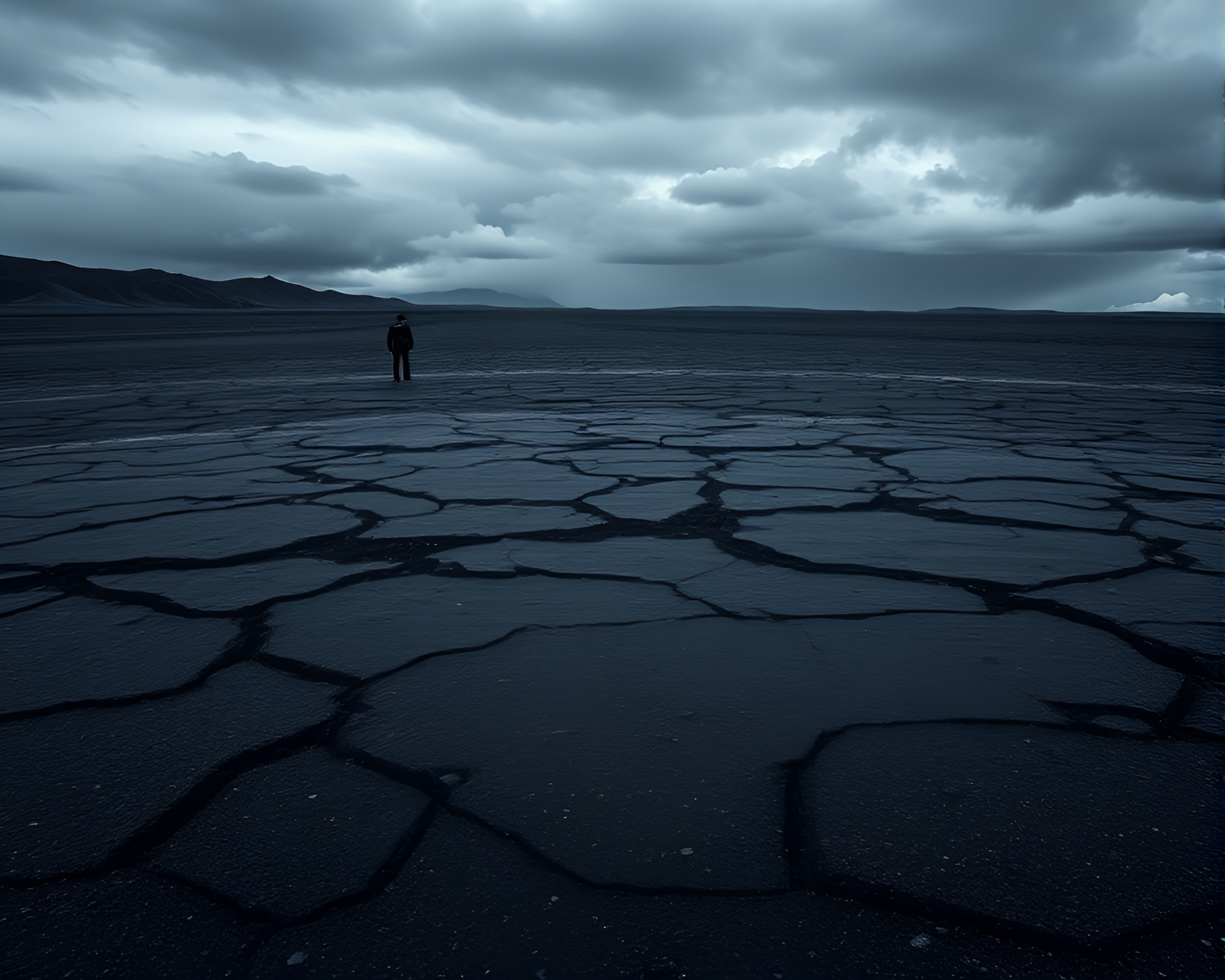 Melancholic Volcanic Glass Landscape With Lone Figure – free AI stock image