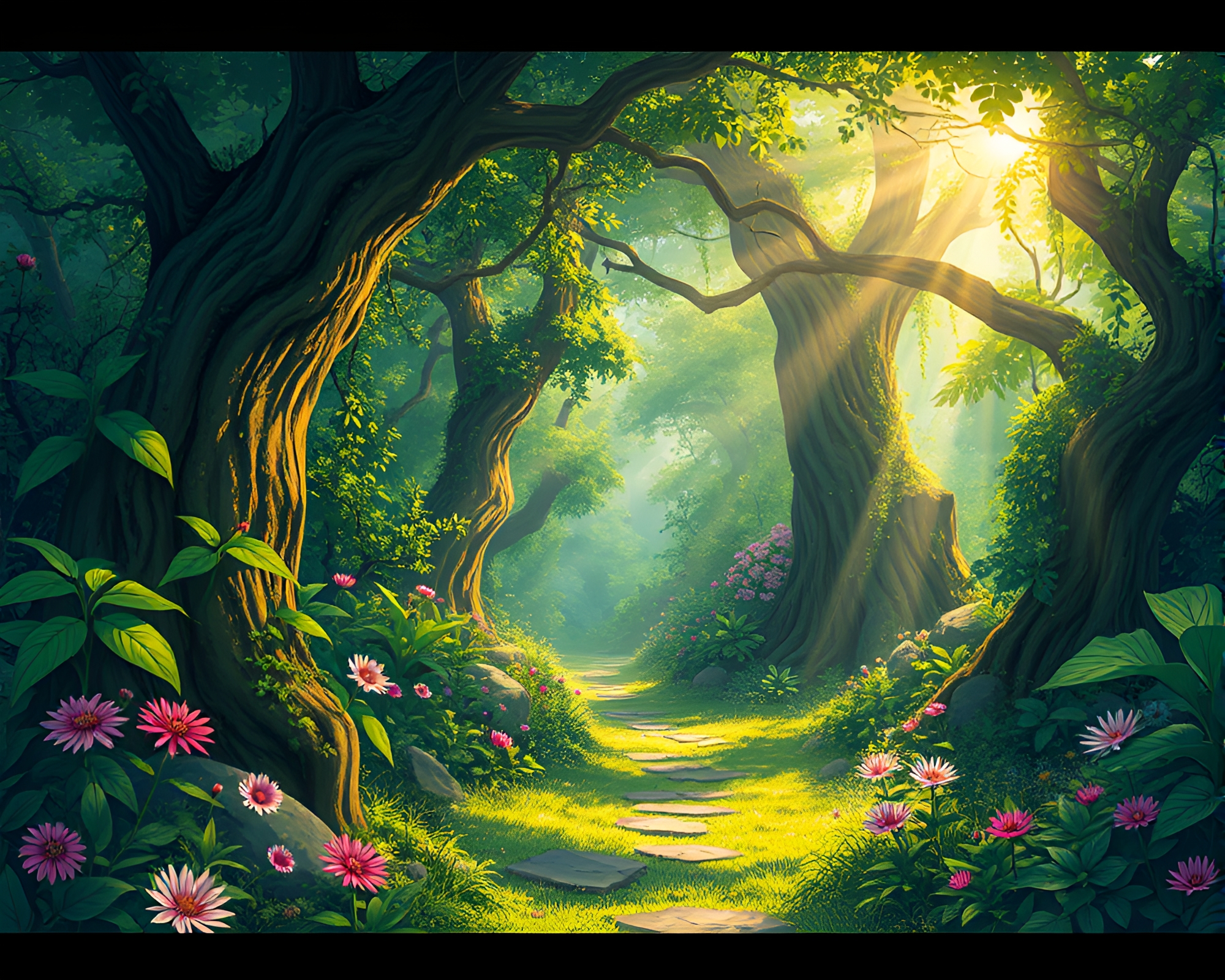 Lush Anime Forest Glade Overflowing with Vibrant Botanical Overgrowth – free AI stock image