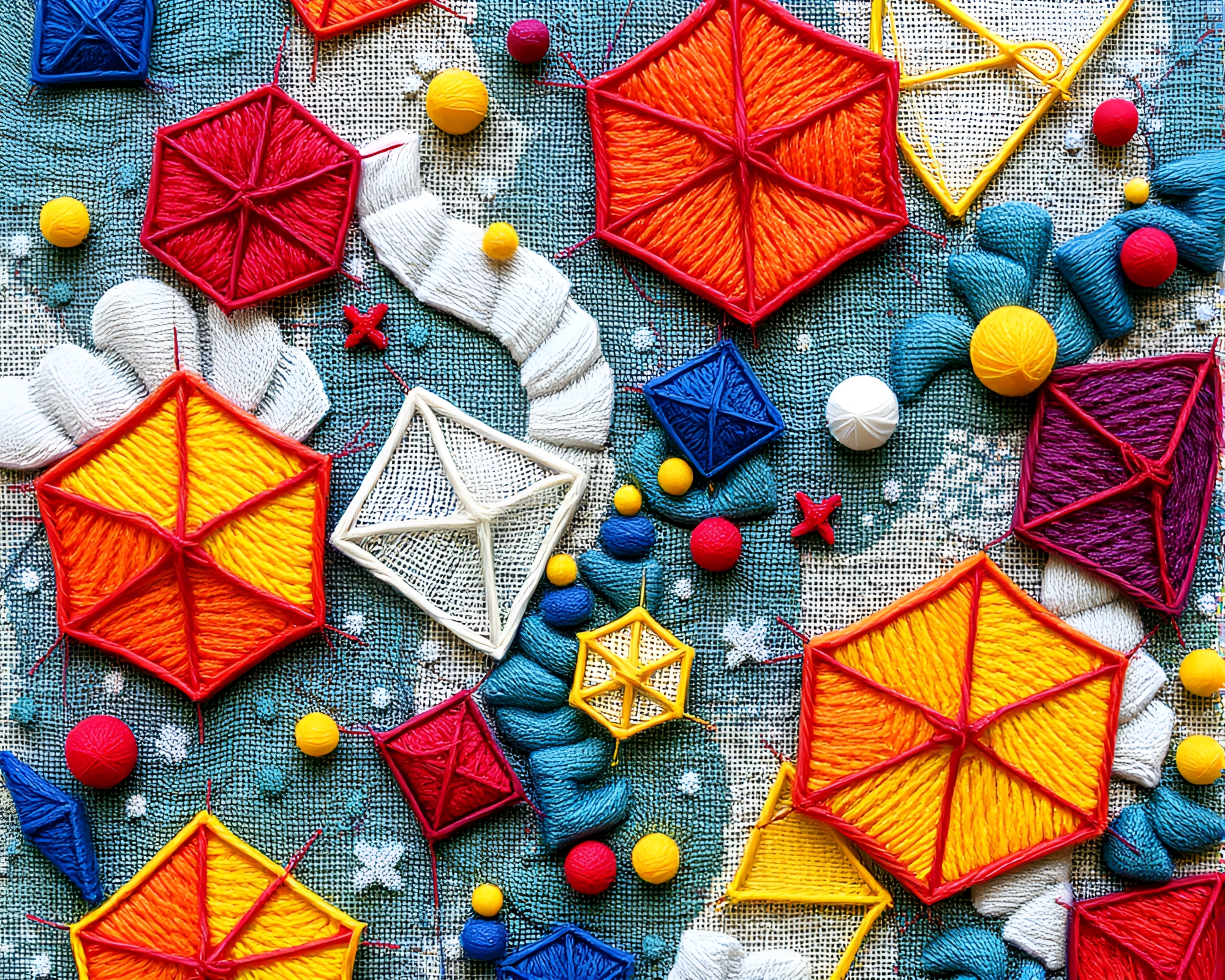 Vibrant Kinetic Embroidery: Geometric Shapes in Motion – free AI stock image
