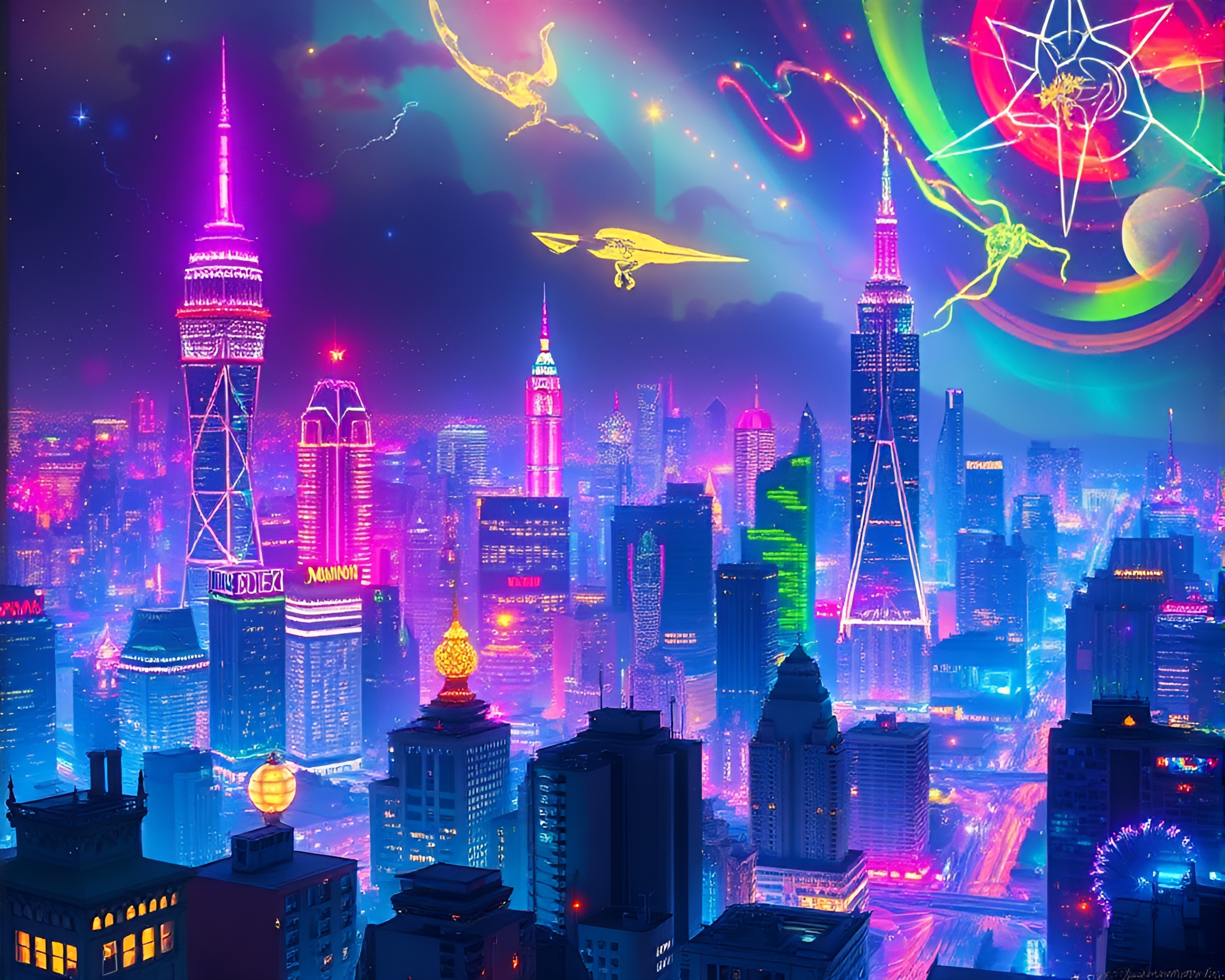Captivating Bioluminescent Urban Skyline Gouache Illustration – free AI stock image