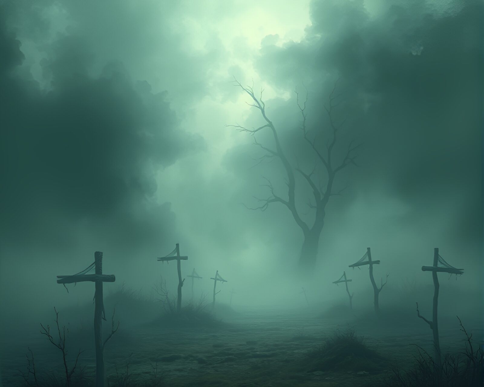 Spectral battlefield enveloped in mysterious acrylic mist, showcasing eerie beauty