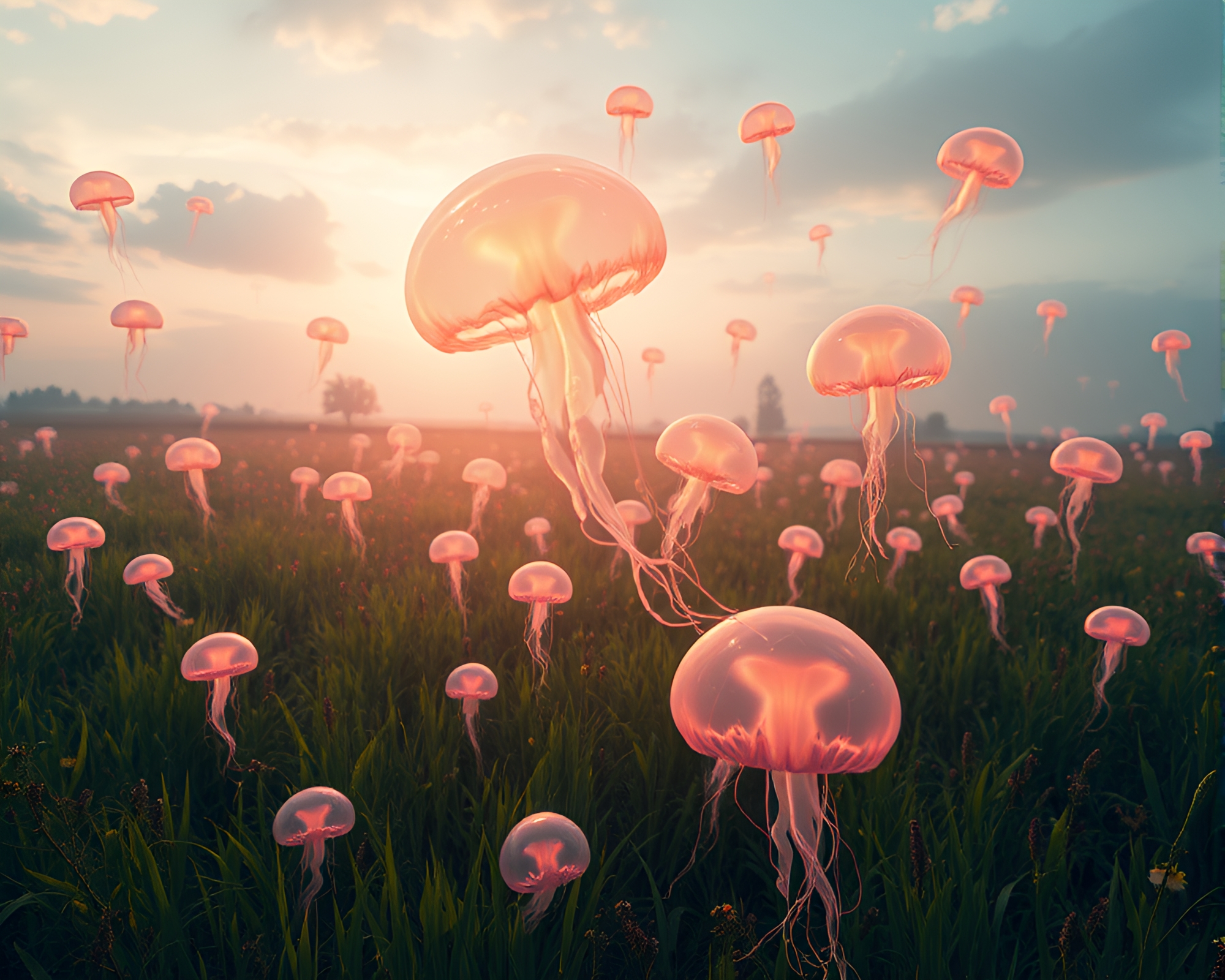 Glowing Jellyfish Floating in Serene Countryside Field – free AI stock image