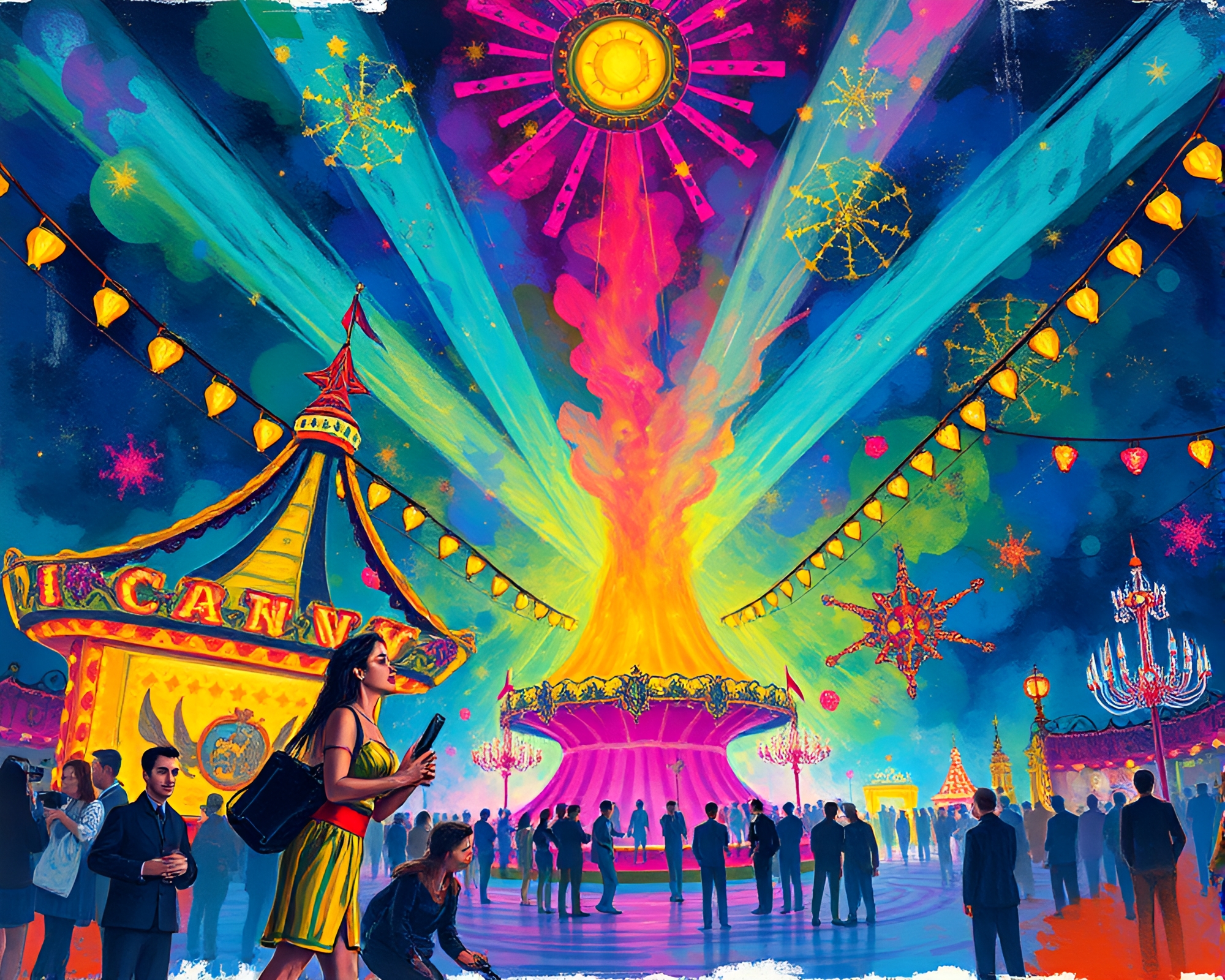 Vibrant Spectral Carnival Gouache Illustration – free AI stock image