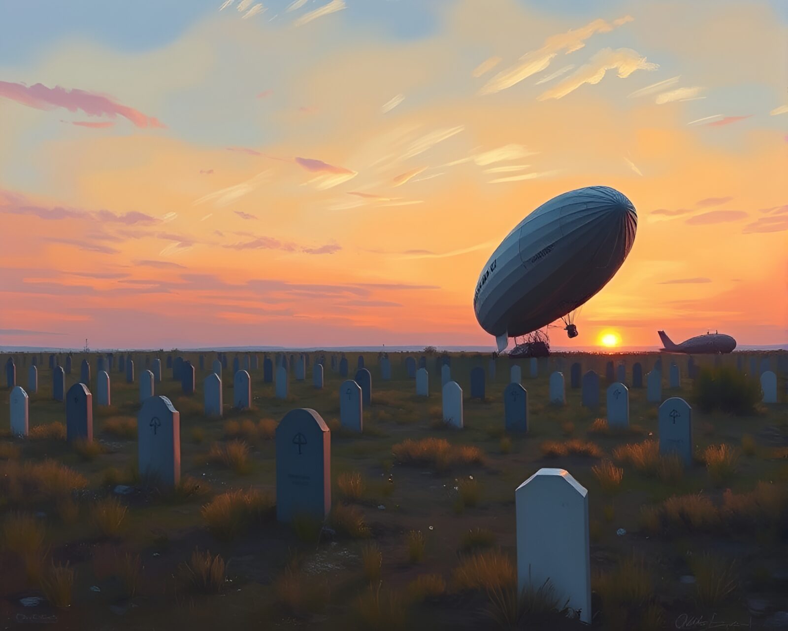 Serene oil painting of zeppelin graveyard in soft pastel colors