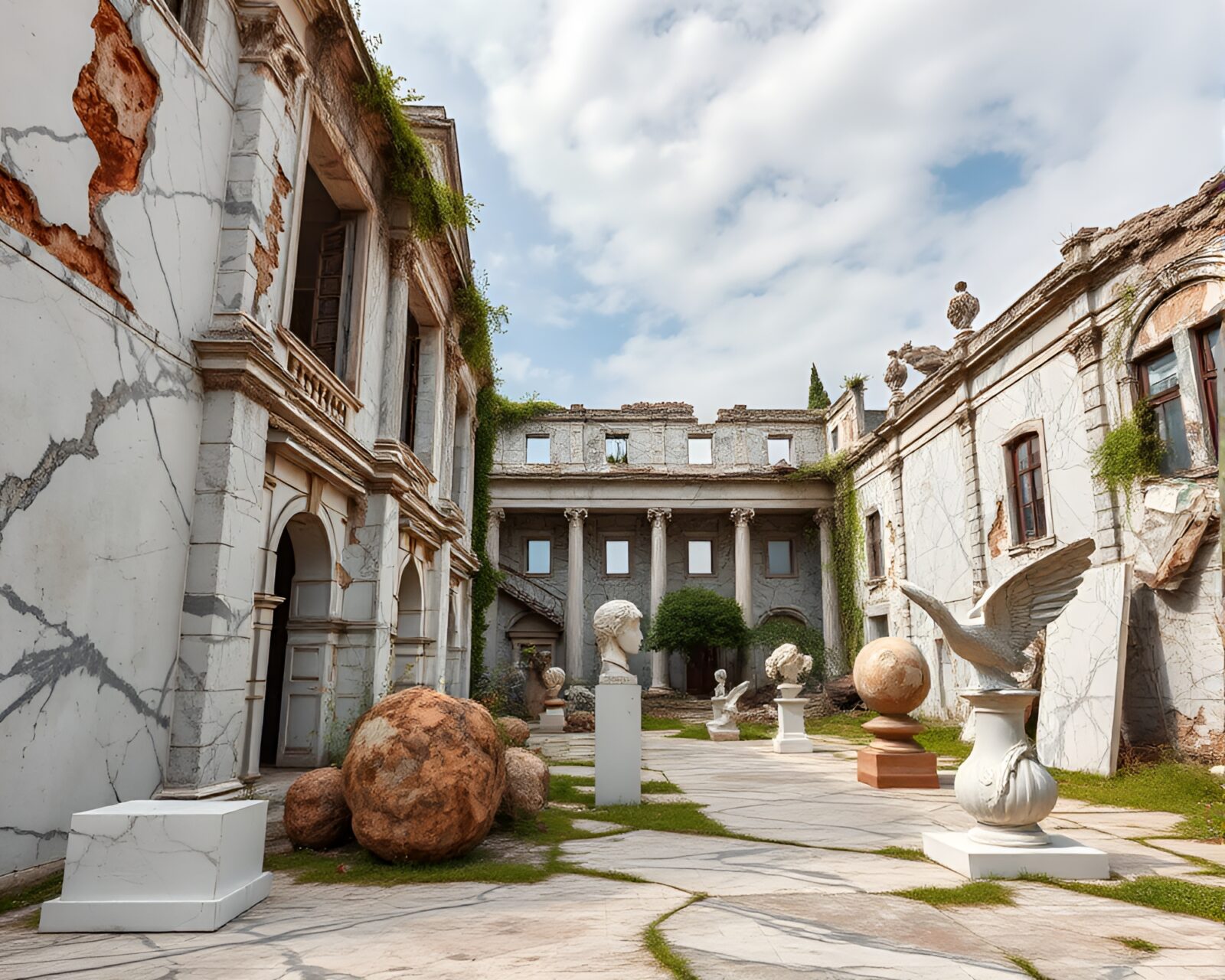 A hauntingly beautiful scene of a decaying marble palace
