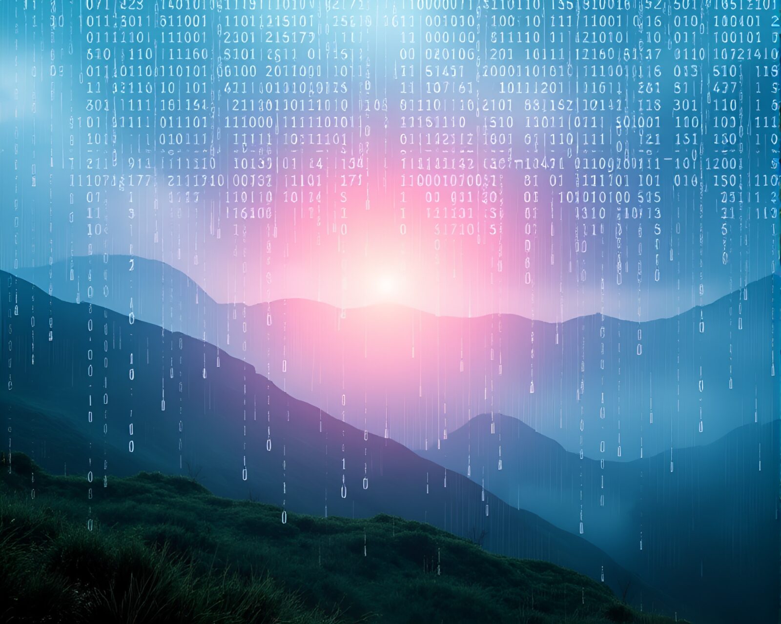 Macro photo of binary code raindrops on mystical landscape