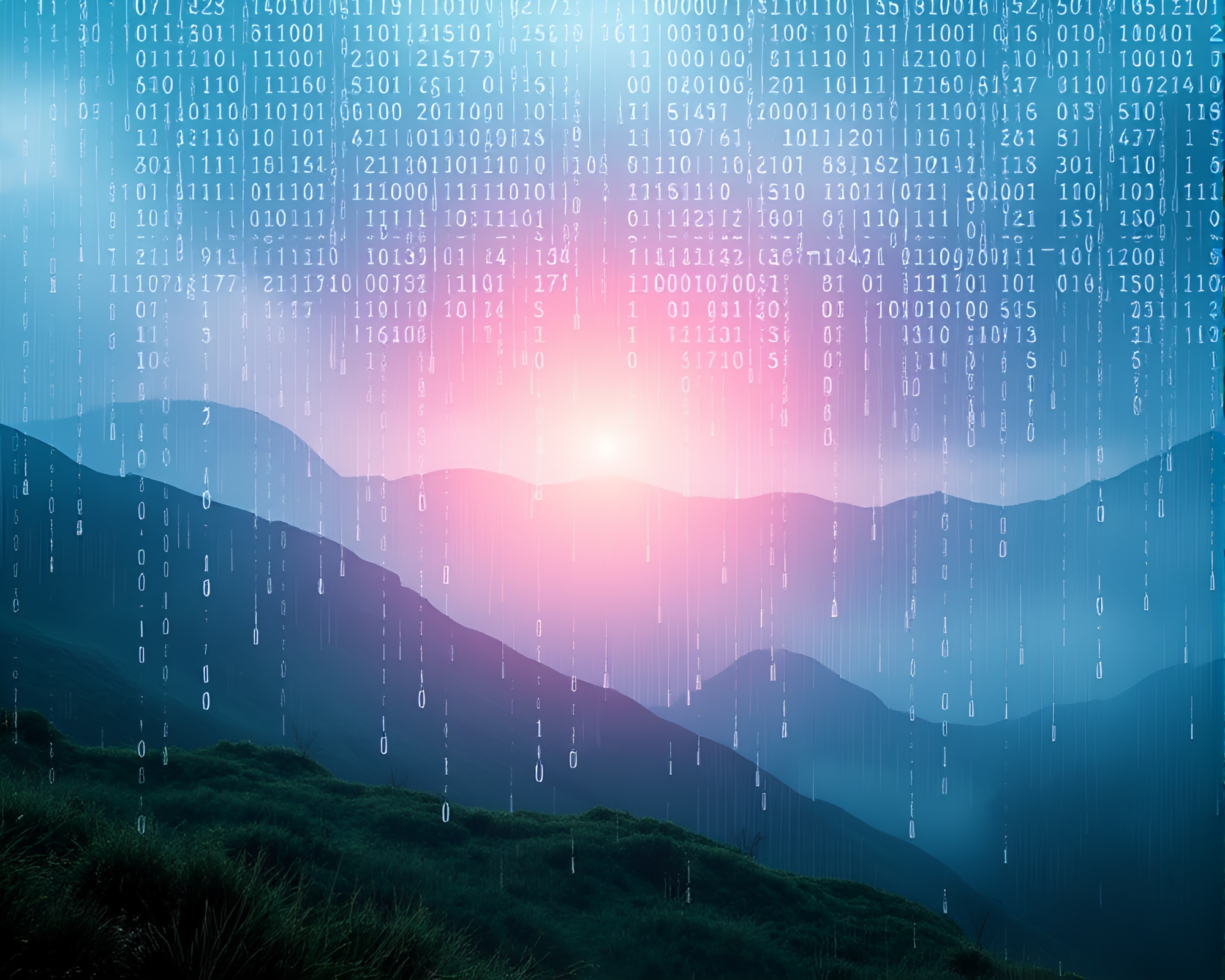 Mystical Binary Code Raindrops in Ethereal Landscape – free AI stock image