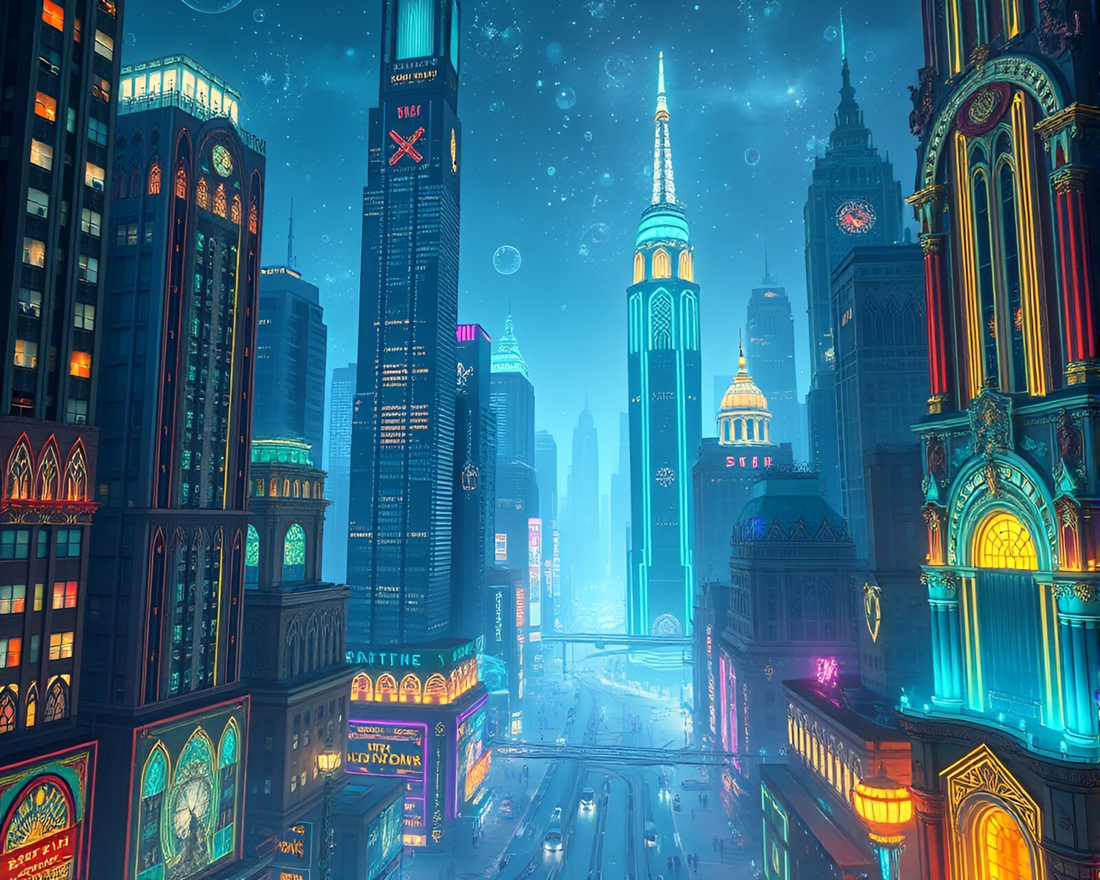 Futuristic and enchanting cityscape of glowing art deco skyscrapers