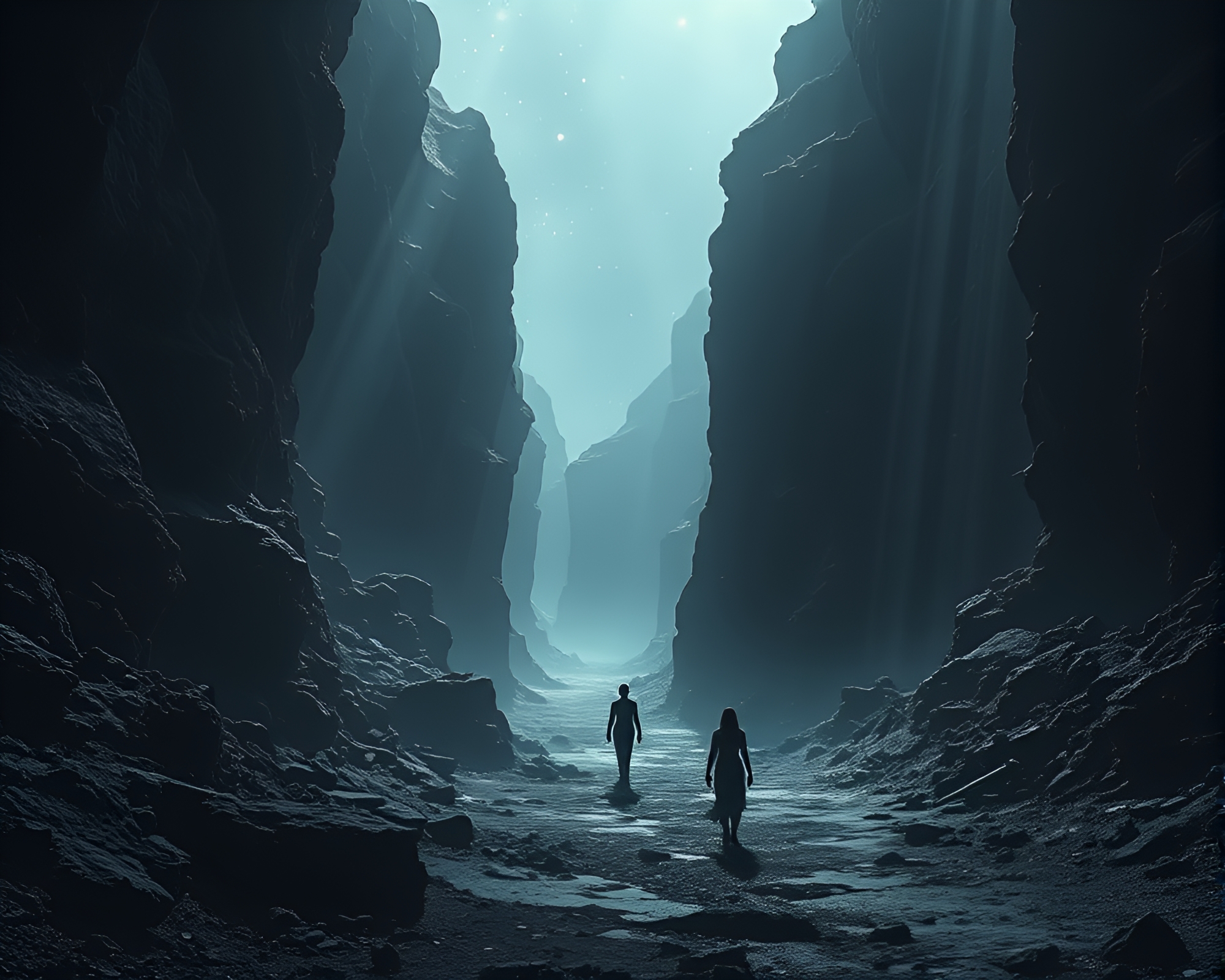 Ethereal figures in a surreal obsidian canyon – free AI stock image